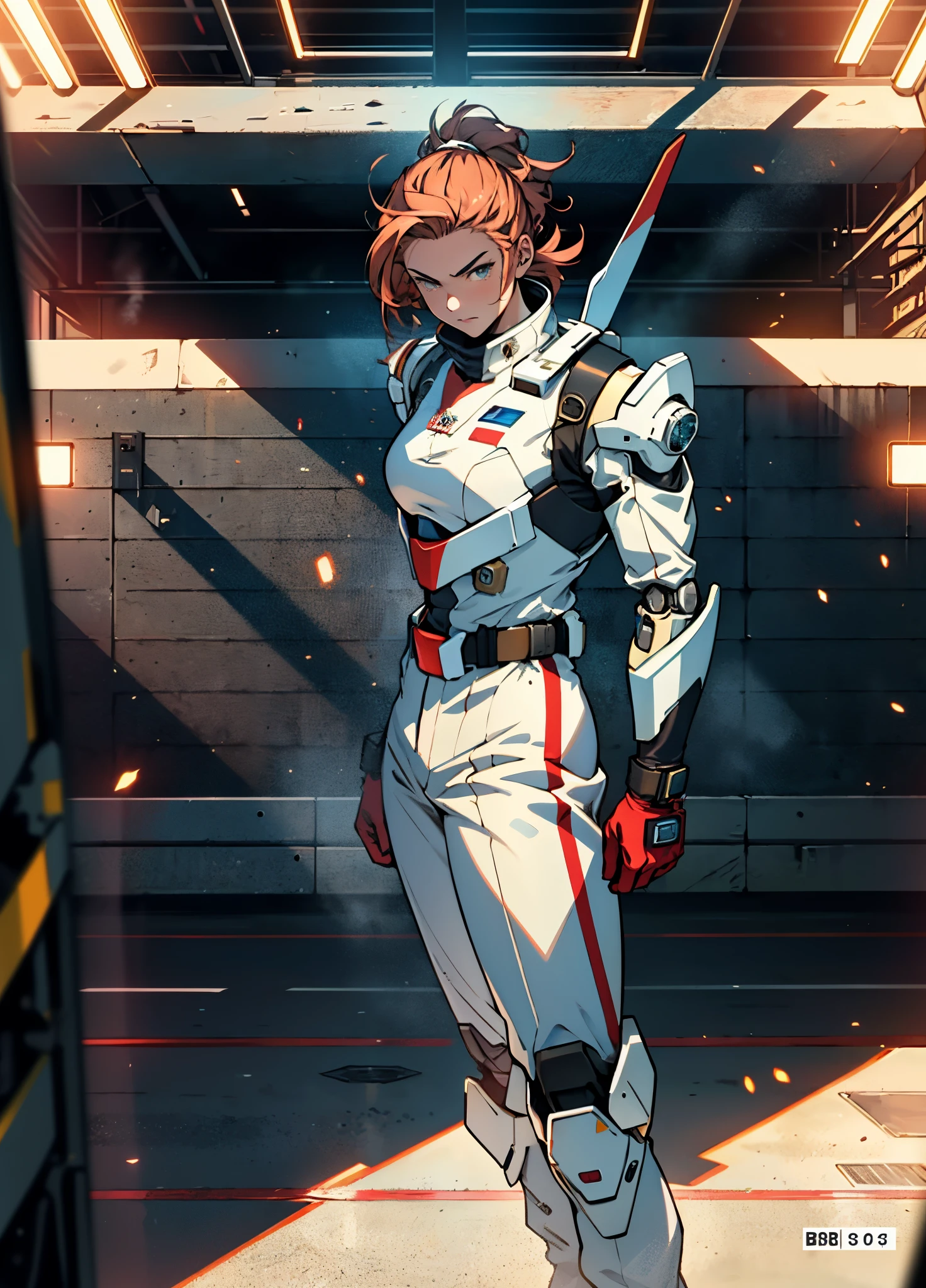 (1girl, medium breasts:1.4), woman with short red-gold hair, hair slicked back, thick and disheveled hair, a cold and ruthless gaze, a confident expression, wears a two-piece futuristic military-style uniform, primarily in shades of white and red, accented by touches of yellow, streamlined wristguard gloves, matching trousers, stands within a futuristic sci-fi hangar, where a colossal mech is stationed, this character embodies a finely crafted futuristic military officer in anime style, characterized by an exquisite and mature manga illustration art style, high definition, best quality, highres, ultra-detailed, ultra-fine painting, extremely delicate, professional, anatomically correct, symmetrical face, extremely detailed eyes and face, high quality eyes, creativity, RAW photo, UHD, 8k, Natural light, cinematic lighting, masterpiece:1.5