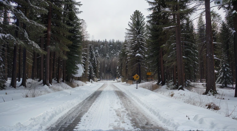 Highway in the middle of a snowy forest