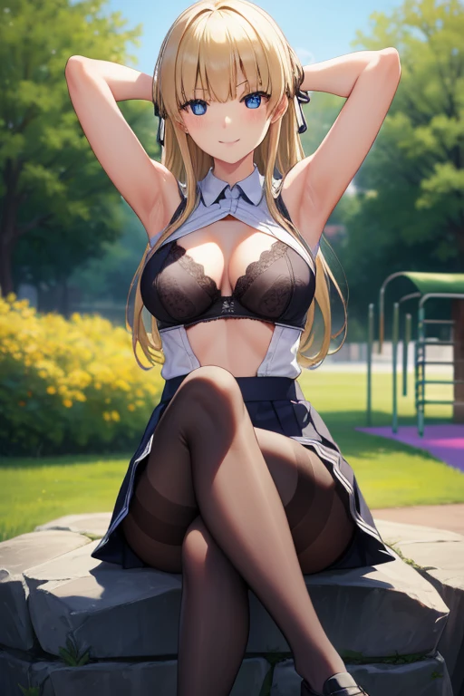 eririspencer, eriri sawamura spencer, blonde hair, blue eyes, blunt bangs, hime cut, long hair, full body, full pose, ((medium BREASTS)), ((smile)), teeth, Grimace, ((sitting on rock)), ((crossed legs)), BREAK, black skirt, ((black pantyhose)),((armpits)),((hands behind head)), ((black lace bra)), zettai ryouiki, BREAK ((looking at viever), ((school shoes)), BREAK, ((playground background)), BREAK (masterpiece:1.2), best quality, high resolution, unity 8k wallpaper, (illustration:0.8), (beautiful detailed eyes:1.6), extremely detailed face, perfect lighting, extremely detailed CG, (perfect hands, perfect anatomy),