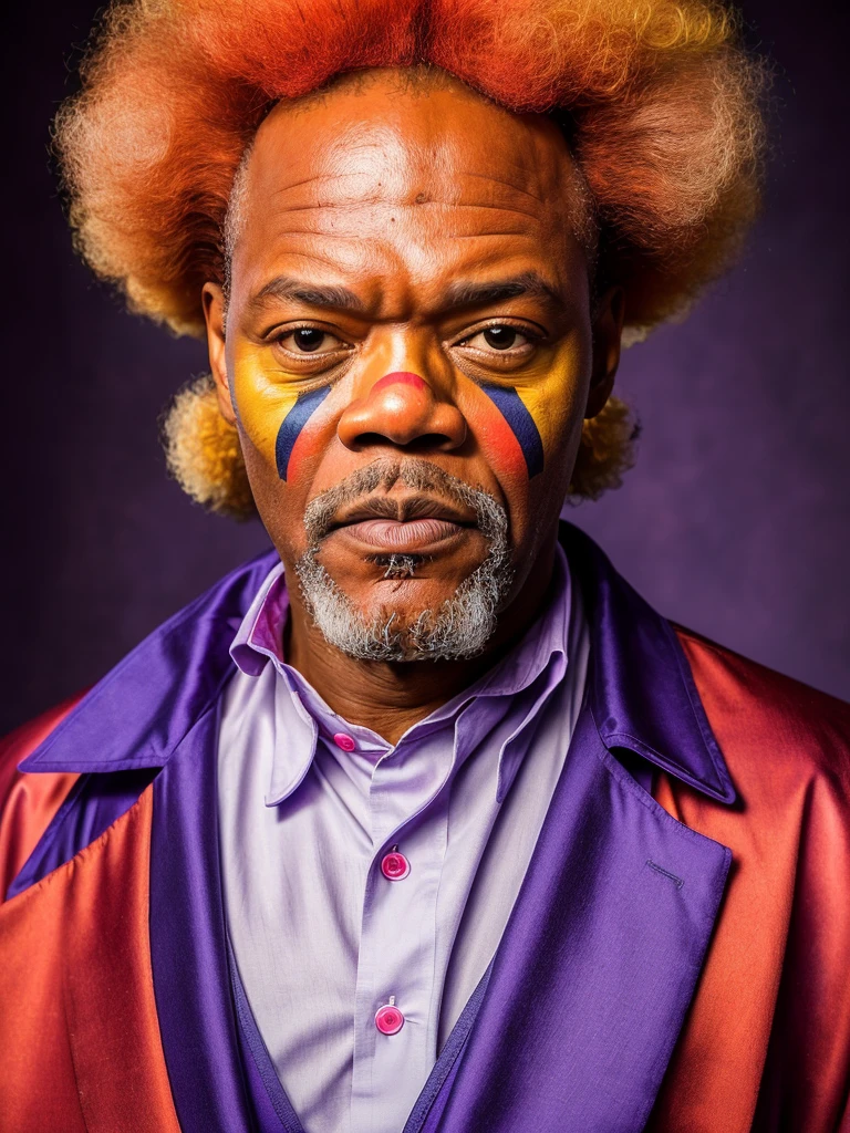 (full body shot, ultra-detailed, best quality, photorealistic:1.37, 4k, realistic, portrait, photography, Samuel L. Jackson, iconic pose, dressed like a sad clown in purple, clown red ball nose, clown makeup, clown papillon, gigantic afro hairstyle, detailed facial features, vibrant colours, 35mm)