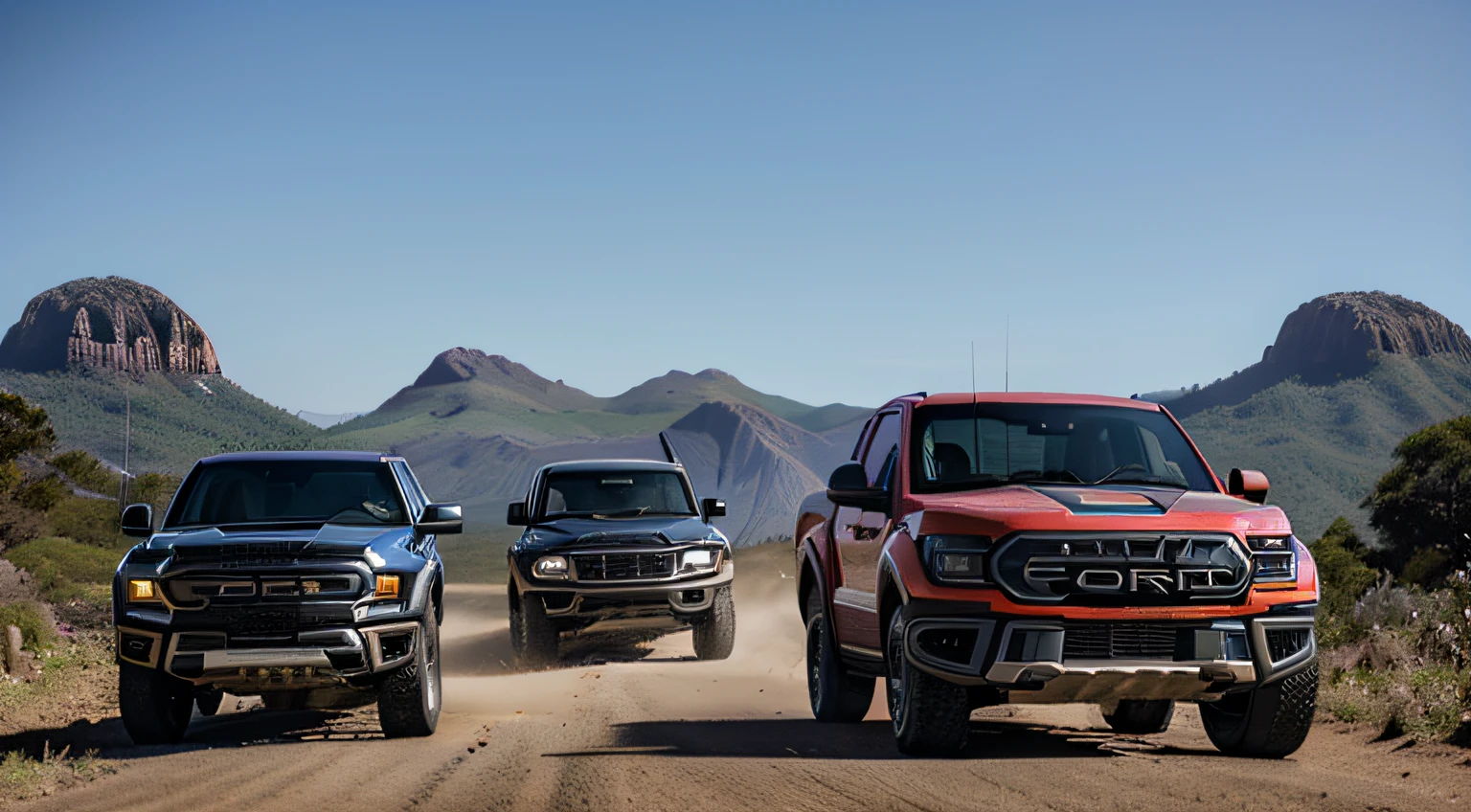 2023 ford raptor in the centre with 1983 ford ranger on the left and 1951 ford ranger on the right in front of mulanje mountain