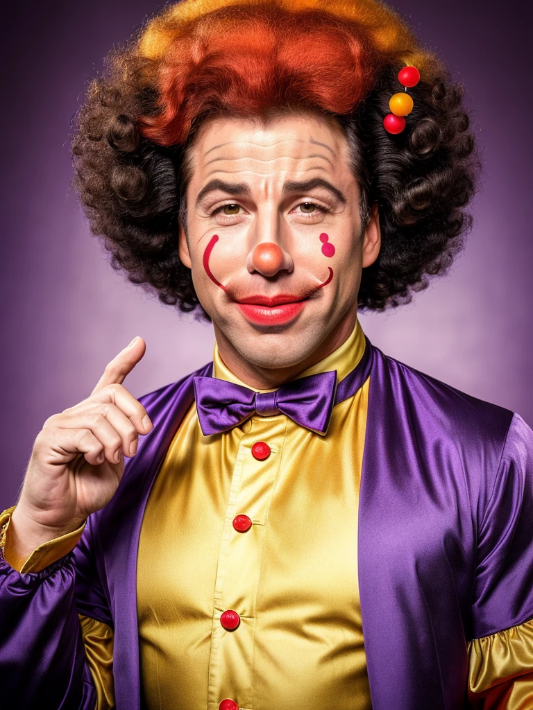 (full body shot, ultra-detailed, best quality, photorealistic:1.37, 4k, realistic, portrait, photography, John Travolta, iconic pose, dressed like a sad clown in purple, clown red ball nose, clown makeup, clown papillon, gigantic afro hairstyle, detailed facial features, vibrant colours, 35mm)