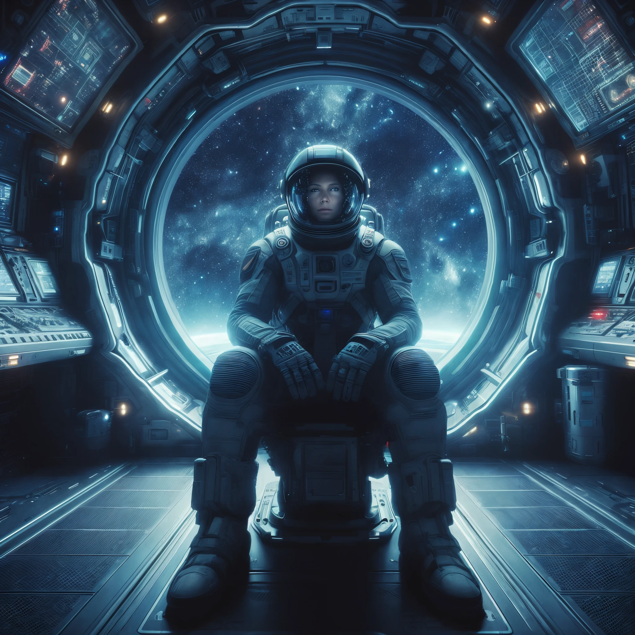 a close up of a person sitting in a space station, sitting sad in spaceship, sci-fi cinematic movie still, cinematic scifi shot, in a scifi movie, powerful woman sitting in space, highly detailed vfx portrait of, still from a ridley scott movie, stunning vfx, inspired by ridley scott, in a spaceship cockpit, astronaut lost in liminal space