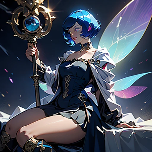 (Masterpiece, Best Quality, Ultra-detailed, Hight resolution, sharp focus :1.5) (medium body Shot, perfect anatomy, niji, gacha splash art :1.4) (solo, good composition, portrait, detailed textures, high-quality render) (dynamic pose, action shot, :1.2), Perfect Lighting, Ray tracing, diffuse dark night lighting, directional warm lighting from below, purple shadows, glowing aesthetic ((dungeons and dragons, fantasy, castlevania, night, atmospheric, mysterious, occult, By alphonse mucha)) (1girl, beautiful woman, Adult), covered chest, refined hips (realistic proportions, short pointed ears, :1.3) (dark navy blue hair color, parted bangs Tucked Behind pointed Ears, middle parted hair :1.4), Face-framing layers (shoulder-length haircut, straight short thick hair :1.3) (open forehead, bare forehead :1.5), pale porcelain skin color, smile, relax, mischievous, kind (arrogant :0.9) Elegant, sitting on the roof-top, hidden hips, legs closed, (1staff, holding long straight silver staff in hand, the pommel of the staff is a sun-shaped ring with a floating golden ring inside), windy fluttering puffy clothes, soft matte fabric, (Lolita's Black Dress:1.5)((strapless puffy victorian dress with ruffles, cascades of big ruffles on hem dress, black medium length dress with horizontal cutout)), black choker, bare collarbones, ((pirate jacket slipped off shoulder, long victorian jacket, jacket behind the back, purple various color jacket, stand-up jacket collar )) ((purple knee boots)) detailed alchemist's hip bag, (medieval fantasy city on the background, magic academy), blue night sky, little blue moon, (on the background behind the back a many metal rings rotating around one center) floating books and scrolls, gesture, magic passes (uses magic of holographic kaleidoscope), ghostly holographic crystal magic aura with blue-orange flares, holographic glass fragments sparkle in the background (Adventurer, genius, wise alchemist), silver and brass accents, tarot, SilverSapphireAI