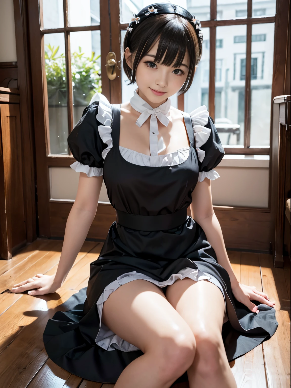 ​masterpiece、ultra-detailliert、8K、Awesome、Shorthair with bangs、Black Maid Outfit、Maid Cafe、smil、Sit with your knees on the floor、Open legs、Physical education sitting