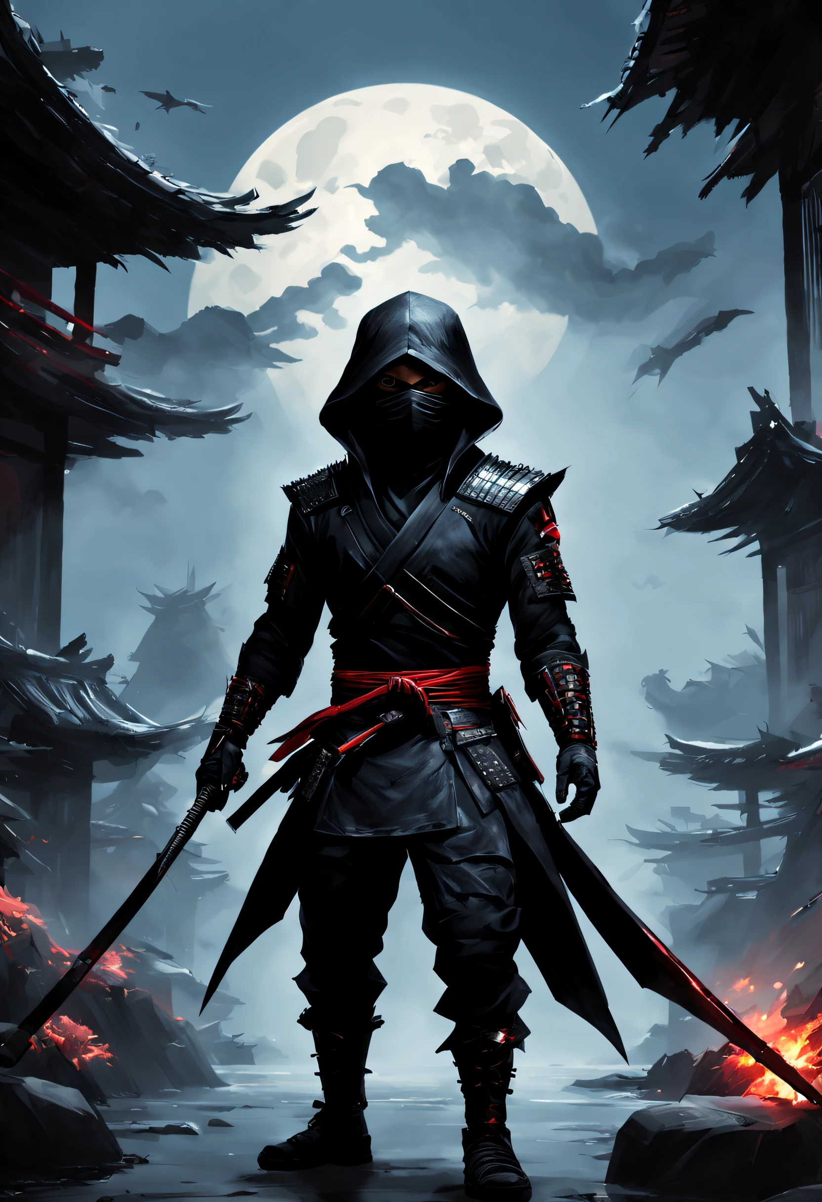 A ninja in a relais de style bioméca détaillé et texturé, in a dark and bright world, avec katana et shuriken