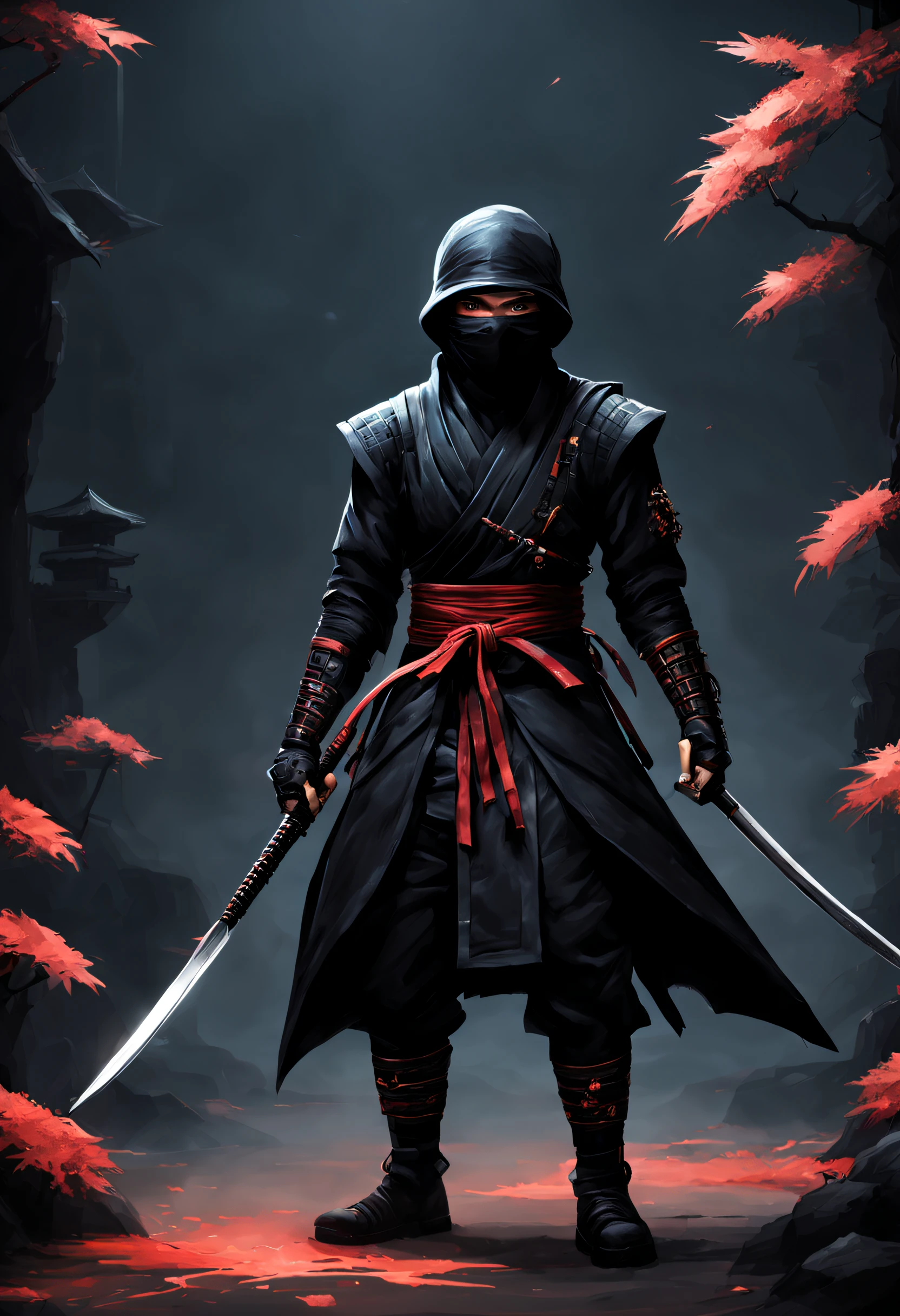 A ninja in a relais de style bioméca détaillé et texturé, in a dark and bright world, avec katana et shuriken