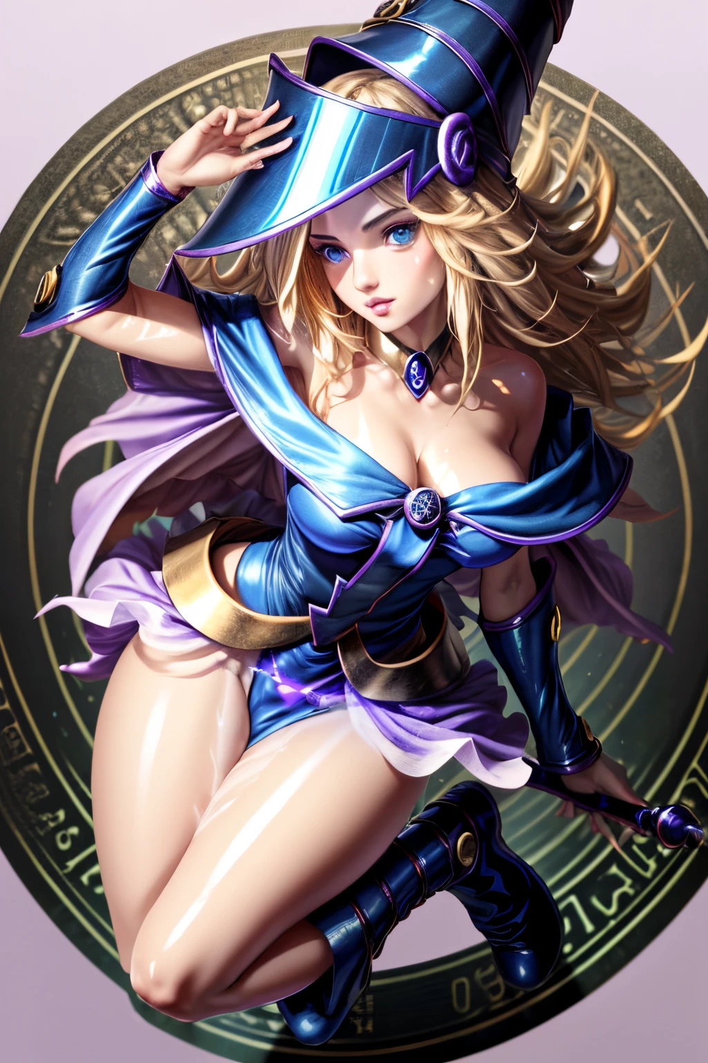 ultra-detailed, extremely detailed, masterpiece, highest quality, best quality, absurdres, highres, dark magician girl, (1girl:1.2), solo, detailed face, dynamic pose, hair flow, (full body:1.1),  blonde hair, long hair, looking at viewer, green eyes, skindentation, detailed skin, skin pores, (shiny skin, glossy skin:1.1), rosy skin details, breasts, nail polish, skirt, blue footwear, blue headwear, wizard hat, wand, holding hat, (blue panties:0.9), (summoning circle:1.1), hexagram, pentacle, pentagram, yu-gi-oh!, duel monster, purple magic field, glow, detailed background, intricate background,