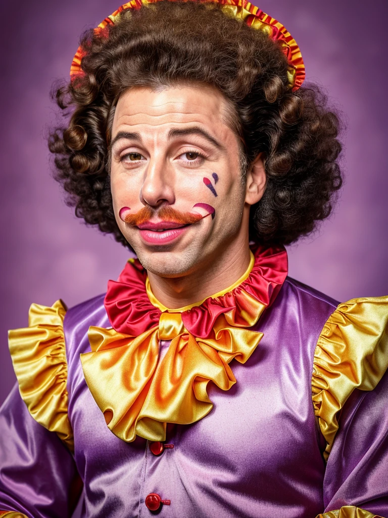 (full body shot, ultra-detailed, best quality, photorealistic:1.37, 4k, realistic, portrait, photography, John Travolta, iconic pose, dressed like a sad clown in purple, clown red sponge ball nose, clown makeup, clown papillon, gigantic afro hairstyle, detailed facial features, vibrant colours, 35mm)