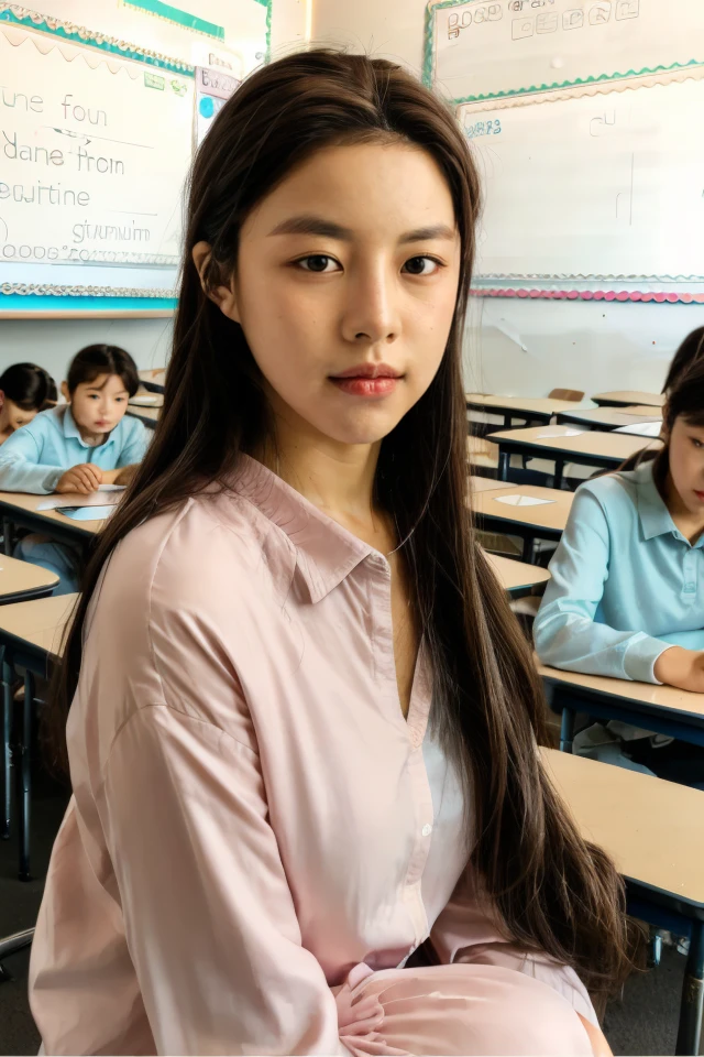 goyounjung, (classroom:1.2), (looking_at_viewer:1.1), cute pose , RAW photo, (high detailed skin:1.2), 8k uhd, dslr, soft lighting, high quality, film grain, Fujifilm XT3