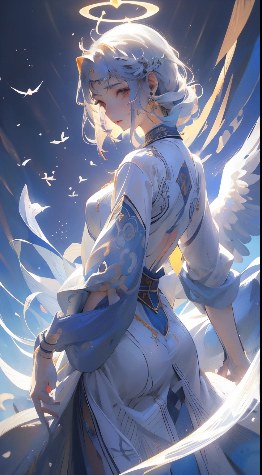 estilo anime, master part: nia mulher jovem nua , 20 anos, seios nus perfeitos, buceta peluda perfeita, Asas de Anjo, place is water inside the ivory white temple, ela sorri, halo above your head, olhos prateados, cabelos longos prateados, full frontal nude naked