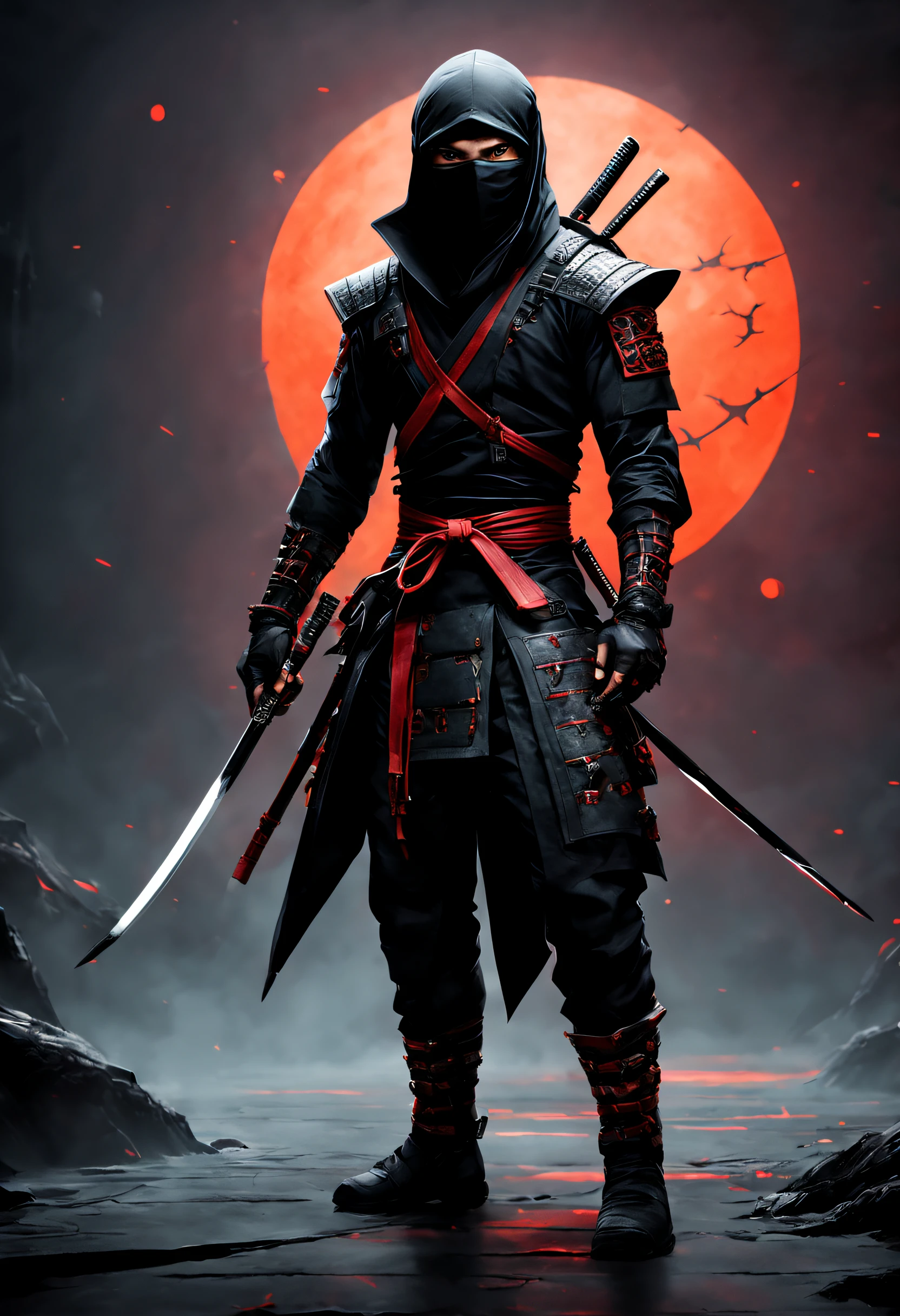 A realistic ninja in a detailed and textured biomechanical style relay, dans un monde sombre et lumineux, avec katana et shuriken
