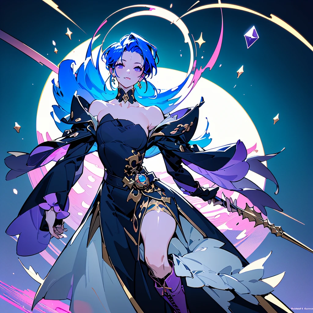 (Masterpiece, Best Quality, Ultra-detailed, Hight resolution, sharp focus :1.5) (medium body Shot, perfect anatomy, niji, gacha splash art :1.4) (solo, good composition, portrait, detailed textures, high-quality render) (dynamic pose, action shot, :1.2), Perfect Lighting, Ray tracing, diffuse dark night lighting, directional warm lighting from below, purple shadows, glowing aesthetic ((dungeons and dragons, fantasy, castlevania, night, atmospheric,mysterious, occult )) (1girl, beautiful woman, Adult, sharp facial features), covered сhest, (realistic proportions, short pointed ears, :1.3) (navy blue hair color, parted bangs Tucked Behind pointed Ears, middle parted hair,:1.4), Face-framing layers (shoulder-length haircut, short thick lush hair :1.3) (open forehead, bare forehead :1.5), pale porcelain skin color, elongated adult face, plump lips, smile, relax, mischievous, kind (arrogant :0.9) Elegant, gesture, sitting on the roof-top, hidden hips, legs closed, (1staff, holding long straight silver staff in hand, the pommel of the staff is in the form of a ring with a rotating golden ring inside), windy fluttering puffy clothes, soft matte fabric, (Lolita's Black Dress:1.5)((strapless puffy dress with ruffles, cascades of big ruffles on hem dress, black medium length dress with horizontal cutout)), black choker, bare collarbones, ((pirate jacket slipped off shoulder, long jacket, jacket behind the back, purple various color victorian jacket)),((purple knee boots)) detailed alchemist's hip bag,constellations particles, ((transparent crystalline low poly magic aura, holographic low poly magic streams, sharp abstract geometric magic effects, purple |cyan|red geometric particles on background)) By alphonse mucha, silver and brass frame, tarot, tarot temperance