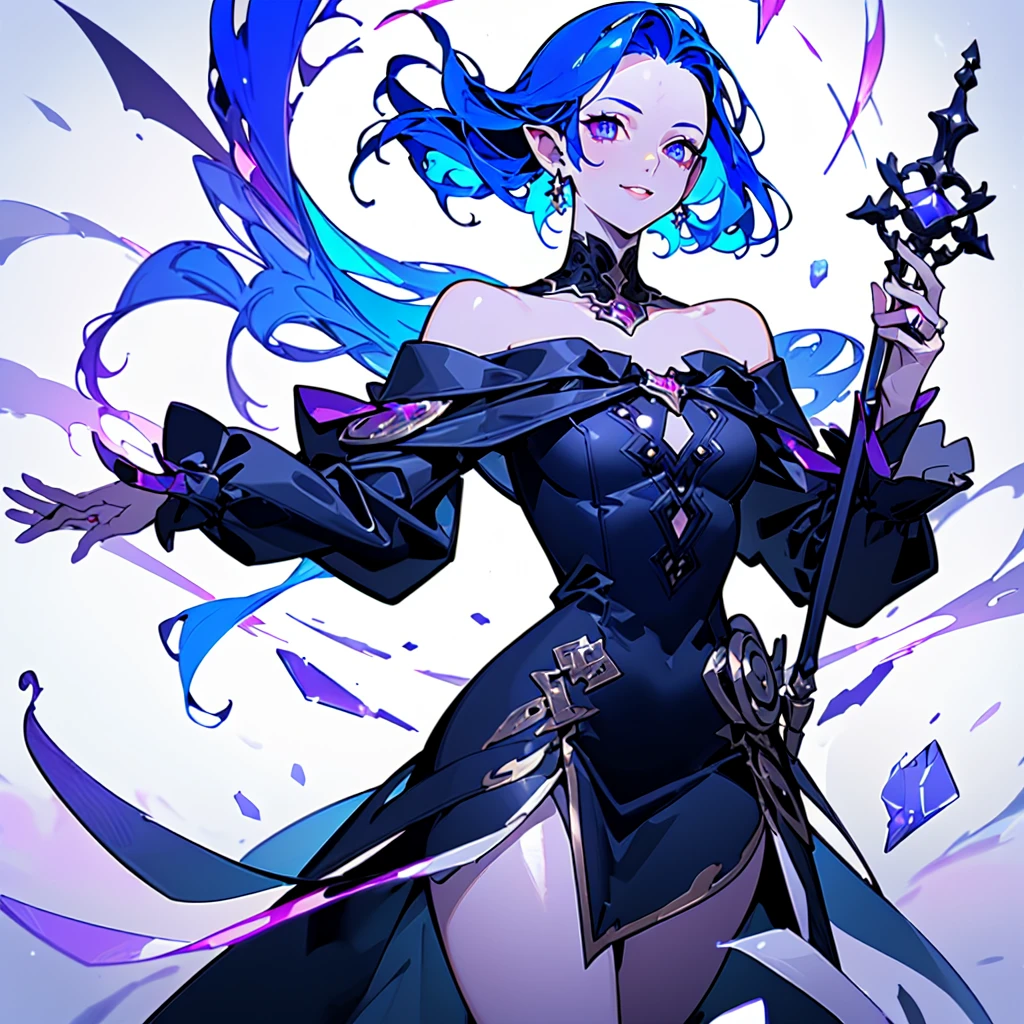 (Masterpiece, Best Quality, Ultra-detailed, Hight resolution, sharp focus :1.5) (medium body Shot, perfect anatomy, niji, gacha splash art :1.4) (solo, good composition, portrait, detailed textures, high-quality render) (dynamic pose, action shot, :1.2), Perfect Lighting, Ray tracing, diffuse dark night lighting, directional warm lighting from below, purple shadows, glowing aesthetic ((dungeons and dragons, fantasy, castlevania, night, atmospheric,mysterious, occult )) (1girl, beautiful woman, Adult, sharp facial features), covered сhest, (realistic proportions, short pointed ears, :1.3) (navy blue hair color, parted bangs Tucked Behind pointed Ears, middle parted hair,:1.4), Face-framing layers (shoulder-length haircut, short thick lush hair :1.3) (open forehead, bare forehead :1.5), pale porcelain skin color, elongated adult face, plump lips, smile, relax, mischievous, kind (arrogant :0.9) Elegant, gesture, sitting on the roof-top, hidden hips, legs closed, (1staff, holding long straight silver staff in hand, the pommel of the staff is in the form of a ring with a rotating golden ring inside), windy fluttering puffy clothes, soft matte fabric, (Lolita's Black Dress:1.5)((strapless puffy dress with ruffles, cascades of big ruffles on hem dress, black medium length dress with horizontal cutout)), black choker, bare collarbones, ((pirate jacket slipped off shoulder, long jacket, jacket behind the back, purple various color victorian jacket)),((purple knee boots)) detailed alchemist's hip bag,constellations particles, ((transparent crystalline low poly magic aura, holographic low poly magic streams, sharp abstract geometric magic effects, purple |cyan|red geometric particles on background)) By alphonse mucha, silver and brass frame, tarot, tarot temperance
