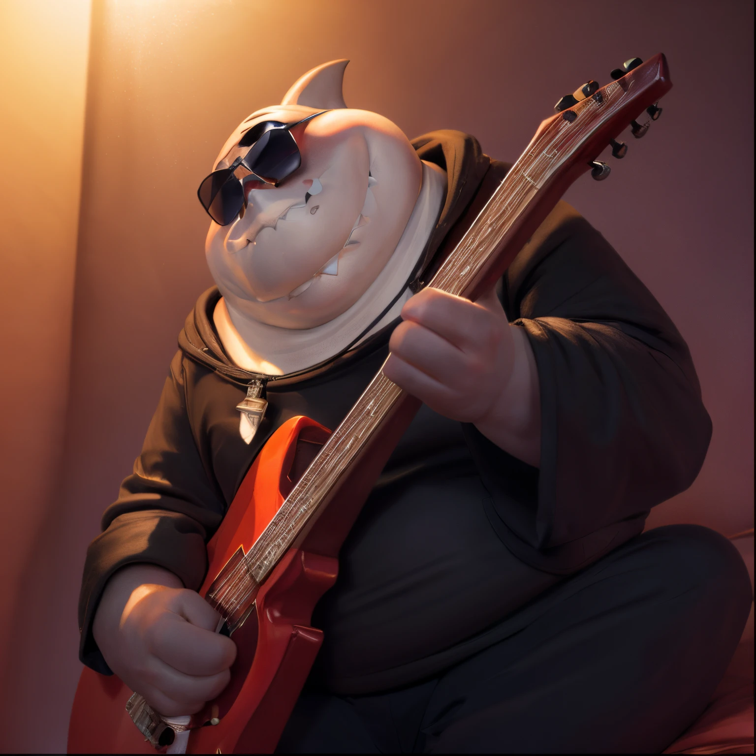 mr shark, masterpiece, volumetric lighting, beautiful textures, plump, fat, belly, black eyes, (pose:1.3), (posing:1.3), (soft shading), 4k, hi res, five fingers, detailed hands, ((detailed face, (detailed eyes:1.0), sunglasses detailed)), (full body), by zackarry911, by zaush, (by personalami:0.5), looking at viewer, black shirt, 1boy, male focus, sport pants, black shirt,black sweater hooded, hood down showing face, dog tags, black sport pants, giant head, huge head, big head. Rocker actitude, playing rock guitar. Cinematic scene