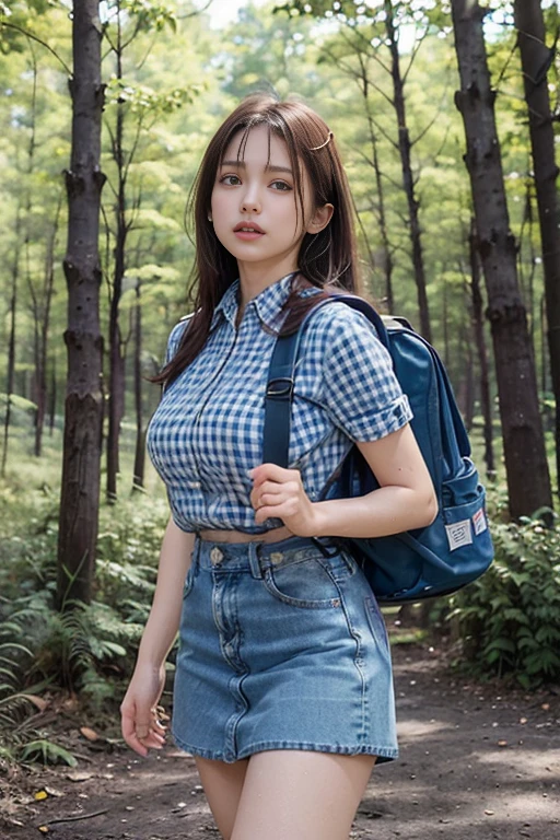 (Natural Landscape Photography), (Best Quality), masutepiece:1.2, 超A high resolution, ((Cowboy Shot:1.4))、Photorealistic:1.4, Raw photo, ((In the dark forest、The tree々Light shines into the space:1.4)), (Wide angle shot), ((Short sleeve blue gingham check shirt:1.4)),(1girl in), (Photo from the knee up:1.3), (18 years old), (Happy:1.2), (wetted skin), (Real Skin), (Semi-long hair, dark brown hair)、 ((Denim skirt with emphasis on thighs:1.4)), ((Carrying a large backpack:1.4)), (hyperdetailed face), (Super Beautiful Maid), (Ultra detailed eyes), (Ultra-detailed nose), (Ultra detailed mouth), (Ultra detailed arms), (ultra detailed body), Pan Focus, gaze at the audience、terrified expression