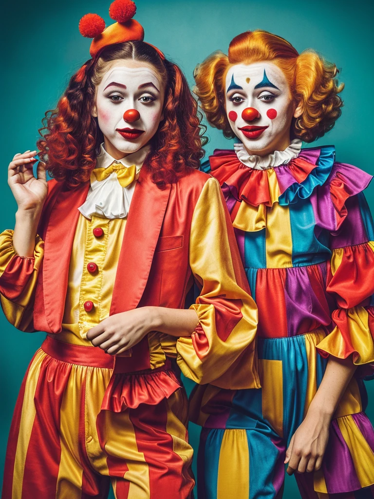 (full body shot, ultra-detailed, best quality, photorealistic:1.37, 4k, realistic, portrait, photography, Vincent and Jules from Pulp Fiction, iconic shooting pose, dressed like sad clowns, clown red sponge ball nose, clown makeup, clown papillon, detailed facial features, vibrant colours, 35mm)