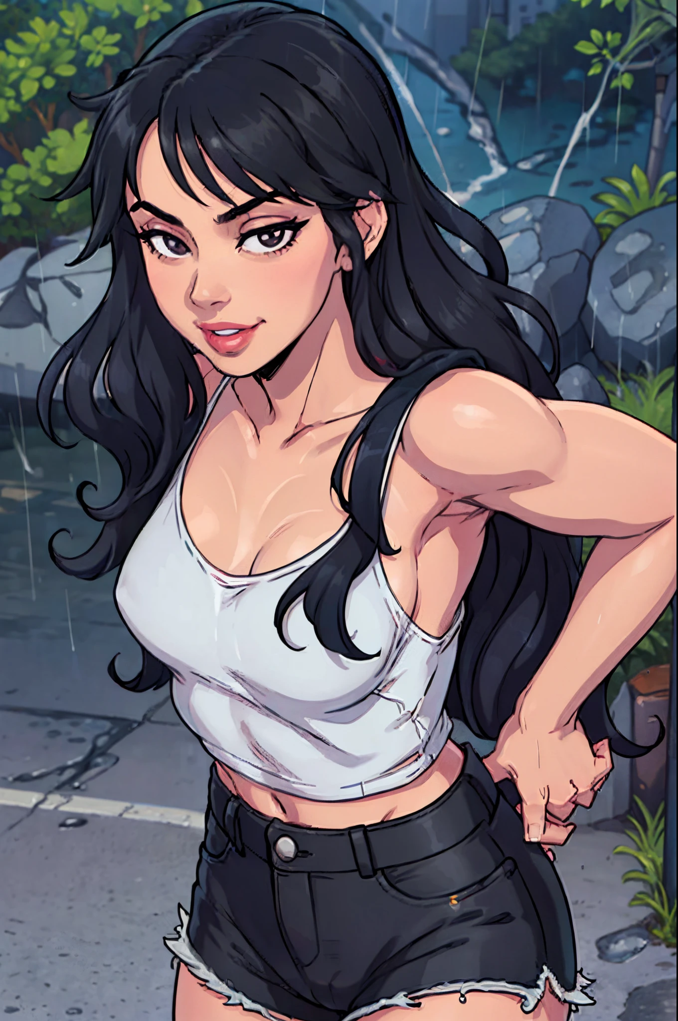 (masterpiece, official art), 1girls, solo, black hair, black eyes, long messy hair, black t-shirt, denim shorts, (closeup), portrait, (small breasts, slender, flat chest), (outdoors, at day, rain, at city), looking at viewer, (upper body), smile, seductive, alluring attire