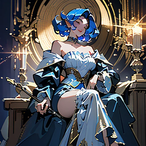 (Masterpiece, Best Quality, Ultra-detailed, Hight resolution, sharp focus :1.5) (medium body Shot, perfect anatomy, niji, gacha splash art :1.4) (solo, good composition, portrait, detailed textures, high-quality render) (dynamic pose, action shot, :1.2), Perfect Lighting, Ray tracing, diffuse dark night lighting, directional warm lighting from below, purple shadows, glowing aesthetic ((dungeons and dragons, fantasy, castlevania, night, atmospheric, mysterious, occult, By alphonse mucha)) (1girl, beautiful woman, Adult), covered chest, refined hips (realistic proportions, short pointed ears, :1.3) (dark navy blue hair color, parted bangs Tucked Behind pointed Ears, middle parted hair :1.4), Face-framing layers (shoulder-length haircut, straight short thick hair :1.3) (open forehead, bare forehead :1.5), pale porcelain skin color, smile, relax, mischievous, kind (arrogant :0.9) Elegant, sitting on the roof-top, hidden hips, legs closed, (1staff, holding long straight silver staff in hand, the pommel of the staff is a sun-shaped ring with a floating golden ring inside), windy fluttering puffy clothes, soft matte fabric, (ta's Black Dress:1.5)((strapless puffy victorian dress with ruffles, cascades of big ruffles on hem dress, black medium length dress with horizontal cutout)), black choker, bare collarbones, ((pirate jacket slipped off shoulder, long victorian jacket, jacket behind the back, purple various color jacket, stand-up jacket collar )) ((purple knee boots)) detailed alchemist's hip bag, (medieval fantasy city on the background, magic academy), blue night sky, little blue moon, (on the background behind the back a many metal rings rotating around one center) floating books and scrolls, gesture, magic passes (uses magic of holographic kaleidoscope), ghostly holographic crystal magic aura with blue-orange flares, holographic glass fragments sparkle in the background (Adventurer, genius, wise alchemist), silver and brass accents, tarot, SilverSapphireAI