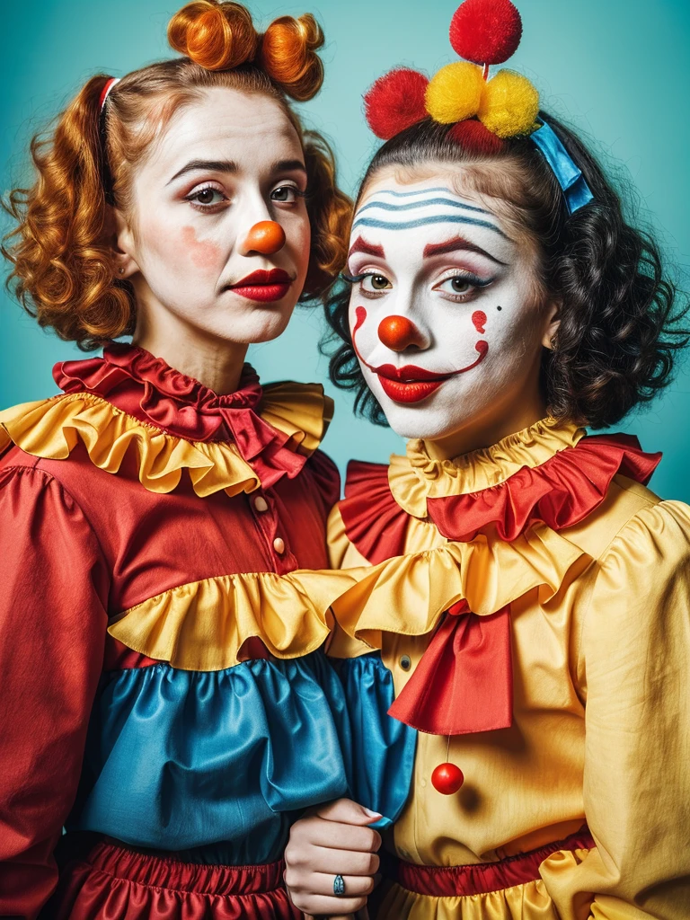 ((best quality)), ((masterpiece)), (detailed), ((NSFW)), 2 pretty blond sexy clown girls, ((Elle Fanning)), perfect eyes, perfect white teeth, ((clown make-up painted on their faces)), painted red noses, ((smiles)), hats, ((big frilly clown ruffs around their necks)), ((fully nude)), ((no panties)), beautiful shiny oiled  skin, ((standing in a circus tent)), ((Full-body)), ((vaginas on display)),