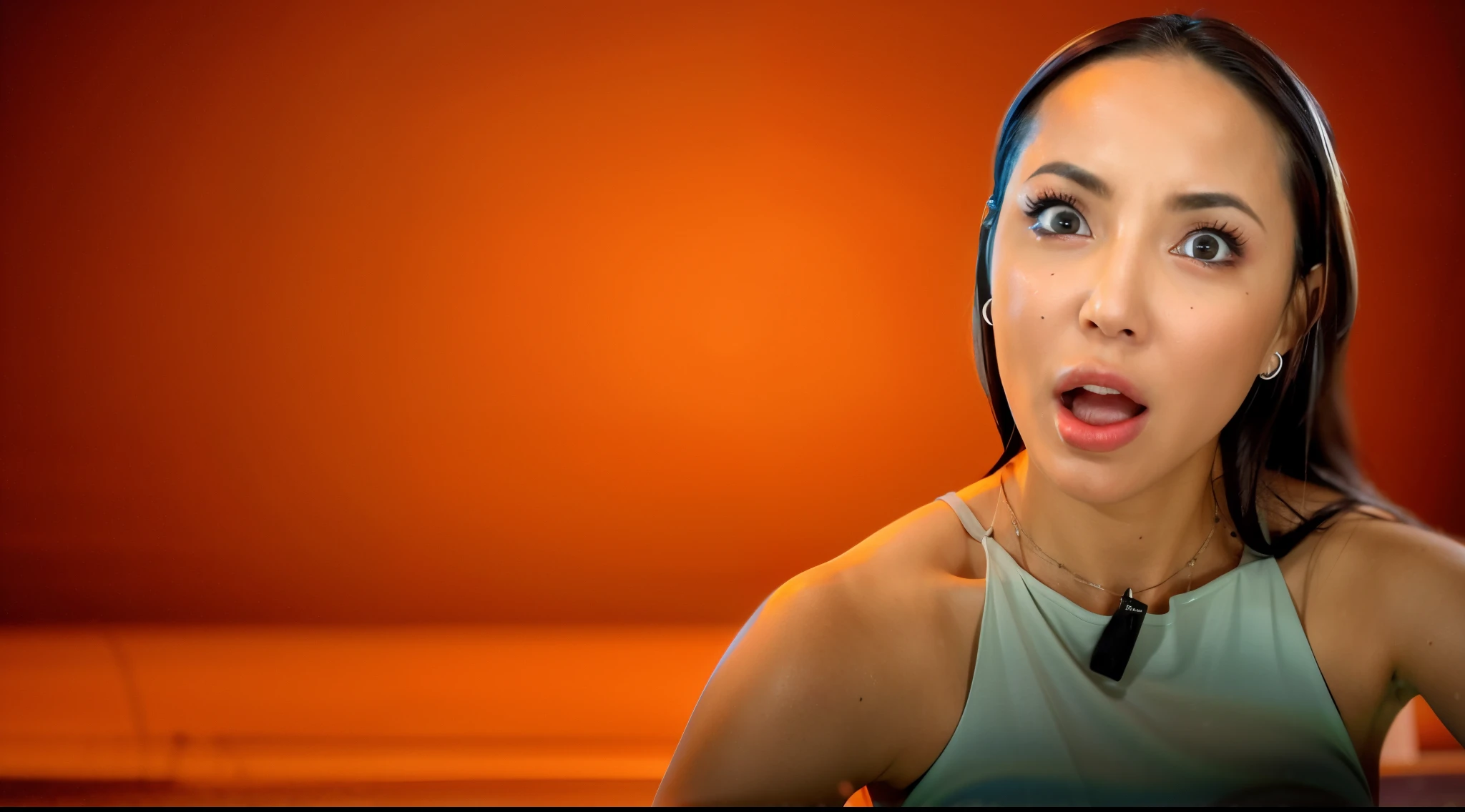 there is a woman with a surprised look on her face, na frente de um fundo laranja, Chell, shocked expression on her face, amouranth as a super villain, hard lighting!, Chell do Portal, suave em _ O pano de fundo