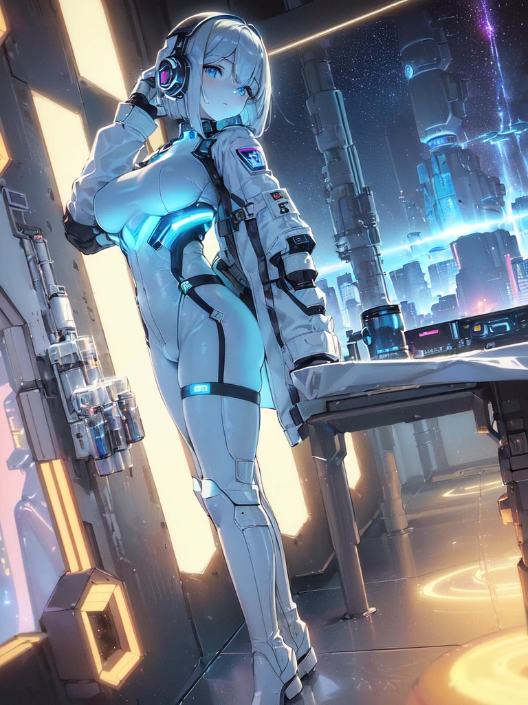 masterpiece:1.4, 1girl in ((20yr old, Wearing a futuristic white and silver costume, Tight Fit Bodysuit, long boots, Very gigantic-breasts, Multicolored blonde hair, a short bob, Perfect model body, Blue eyes:1.2, Wearing headphones, Looking out the window of the futuristic sci-fi space station、While admiring the beautiful galaxy:1.2, SFSF control room on night background:1.1, Neon and energetic atmosphere:1.2)) ((Galaxy))