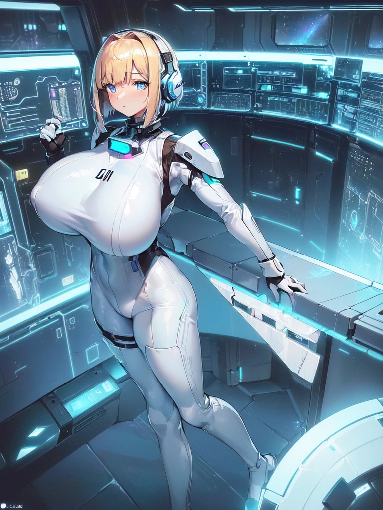 ​masterpiece:1.4, 1girl in ((20yr old, Wearing a futuristic white and silver costume, Tight Fit Bodysuit, long boots, Very gigantic-breasts, Multicolored blonde hair, a short bob, Perfect model body, Blue eyes:1.2, Wearing headphones, Looking out the window of the futuristic sci-fi space station、While admiring the beautiful galaxy:1.2, SFSF control room on night background:1.1, Neon and energetic atmosphere:1.2)) ((Galaxy))