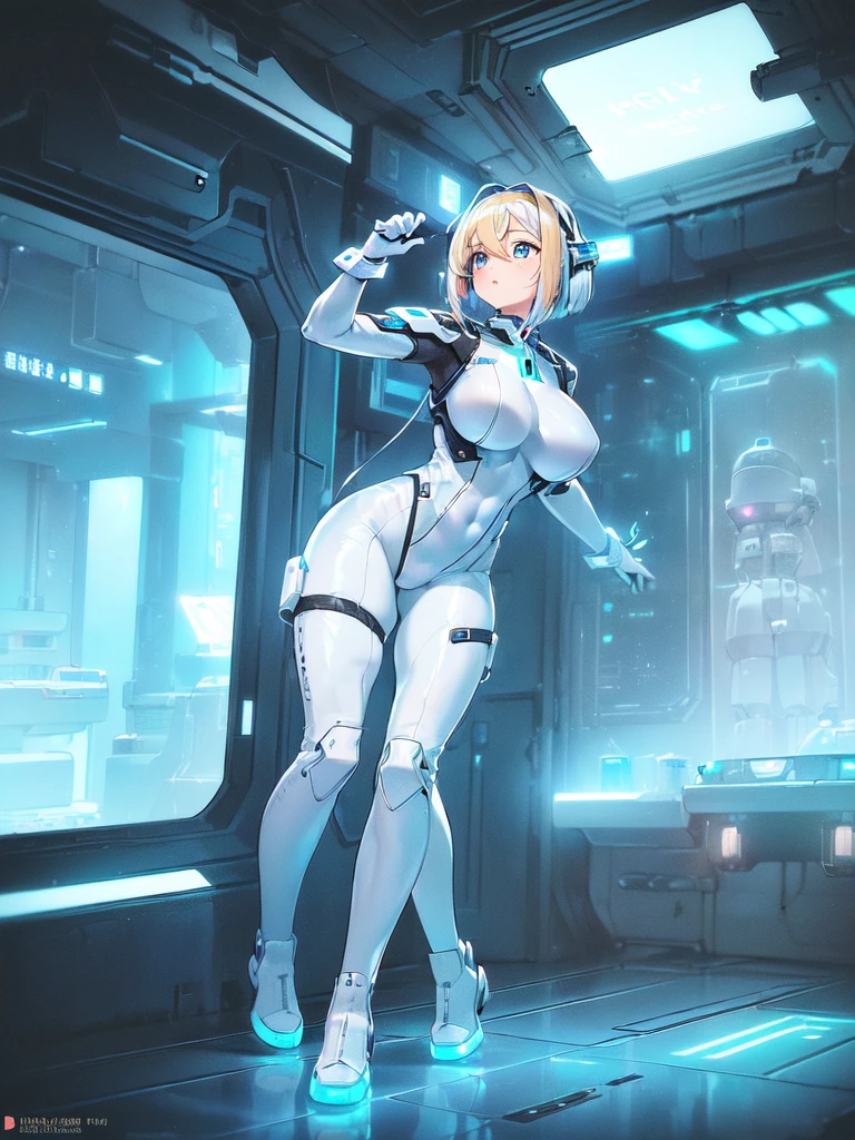 ​masterpiece:1.4, 1girl in ((20yr old, Wearing a futuristic white and silver costume, Tight Fit Bodysuit, long boots, Very gigantic-breasts, Multicolored blonde hair, a short bob, Perfect model body, Blue eyes:1.2, Wearing headphones, Looking out the window of the futuristic sci-fi space station、While admiring the beautiful galaxy:1.2, SFSF control room on night background:1.1, Neon and energetic atmosphere:1.2)) ((Galaxy))