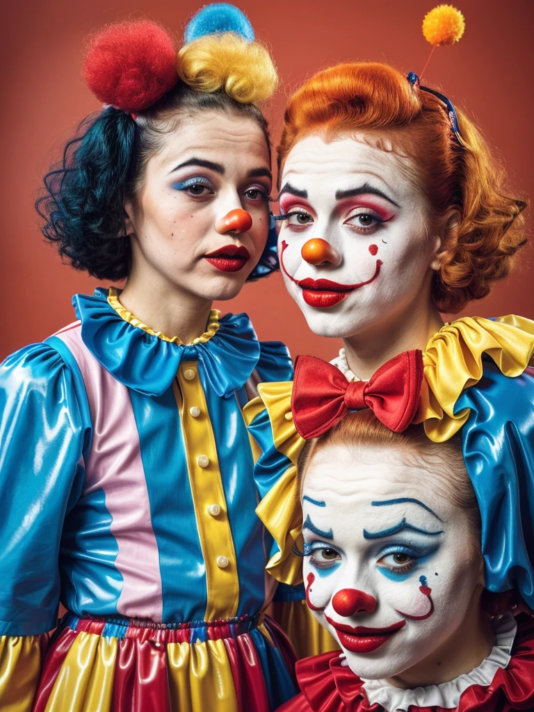 (full body shot, ultra-detailed, best quality, photorealistic:1.37, 4k, realistic, portrait, photography, Vincent and Jules from Pulp Fiction, iconic shooting pose, latex, dressed like sad clowns, clown red sponge ball nose, clown makeup, clown papillon, detailed facial features, vibrant colours, 35mm)