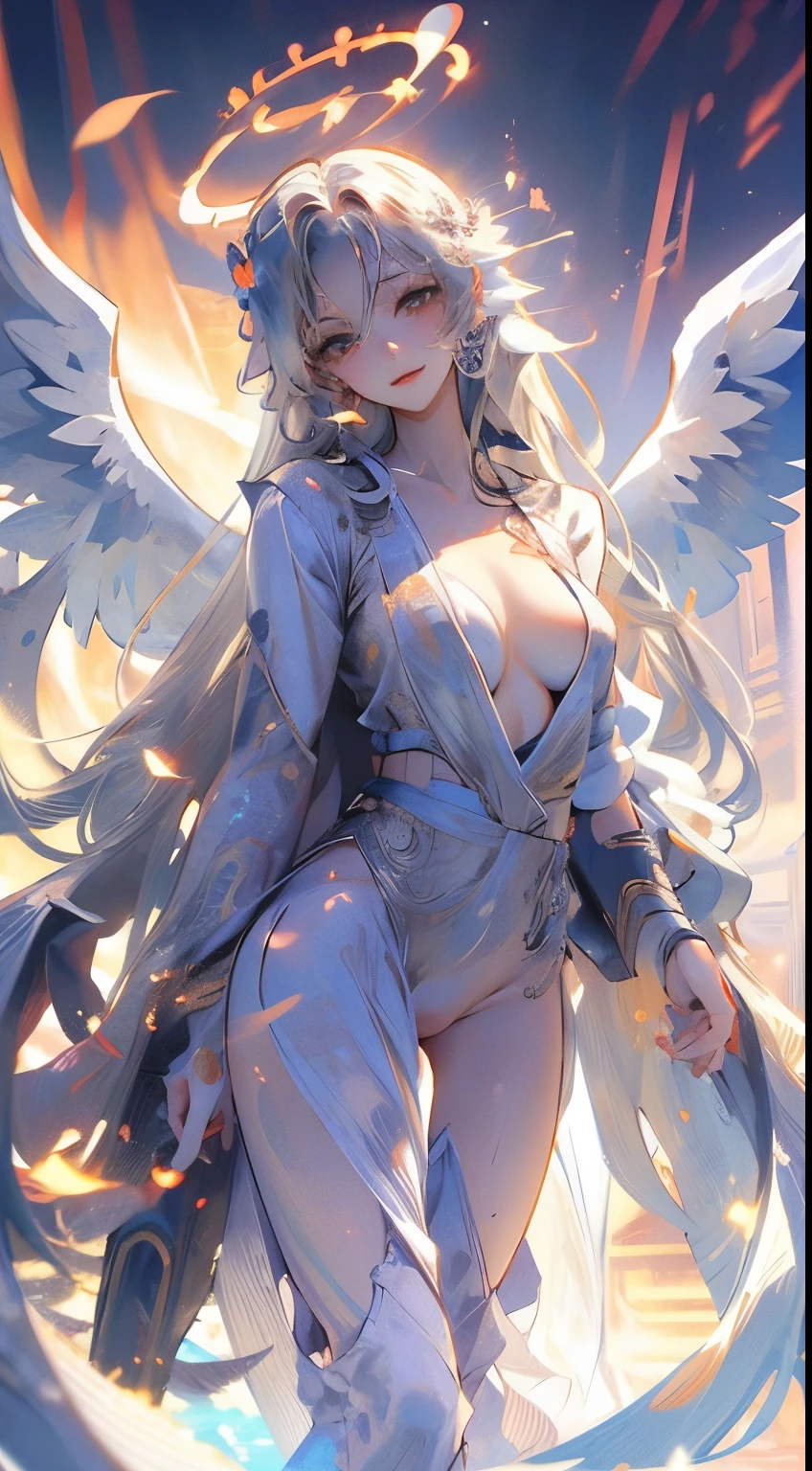 Anime Style, masterpiece: naked young woman nude, 20 years, perfect naked breasts, perfect nude hairy pussy, wings of angel, place is water inside white marfim themple, she smile, halo above her head, silver eyes, silver long hair