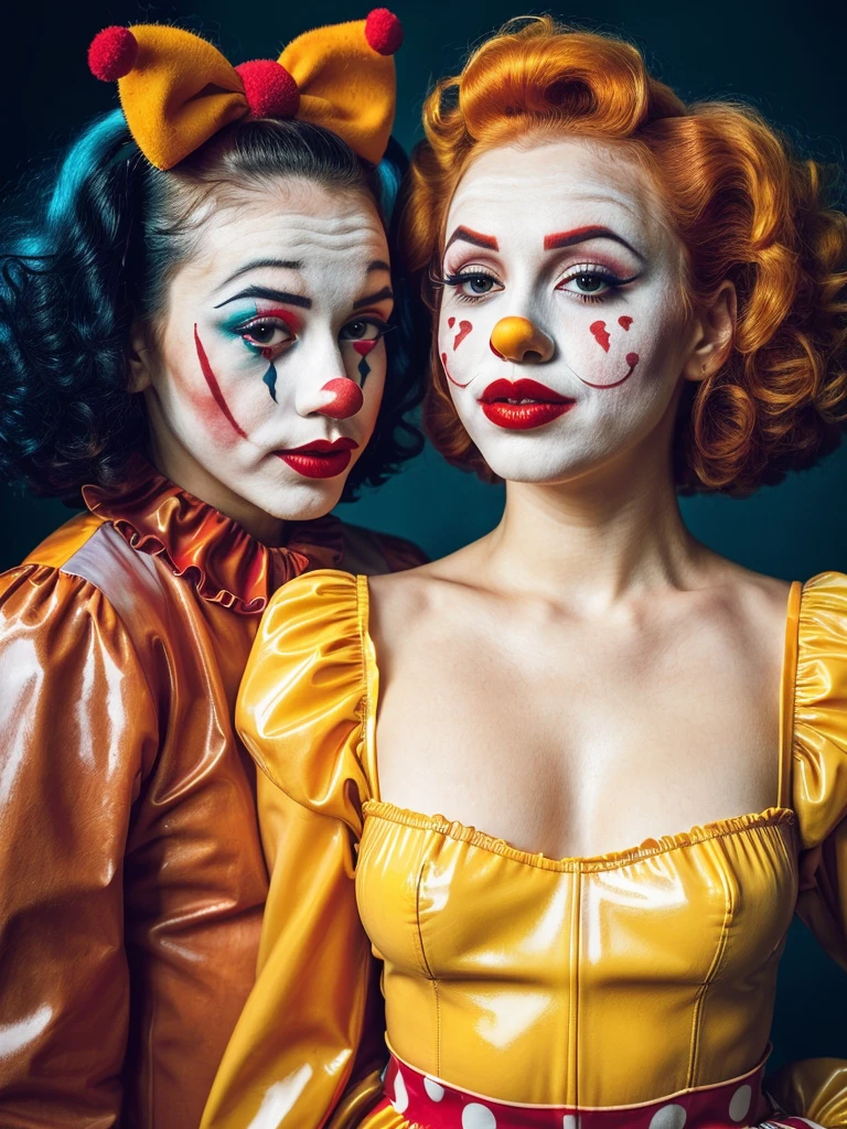 (full body shot, ultra-detailed, best quality, photorealistic:1.37, 4k, realistic, portrait, photography, Vincent and Jules from Pulp Fiction, iconic shooting pose, fetish, latex, dressed like sad clowns, clown red sponge ball nose, clown makeup, clown papillon, detailed facial features, vibrant colours, 35mm)