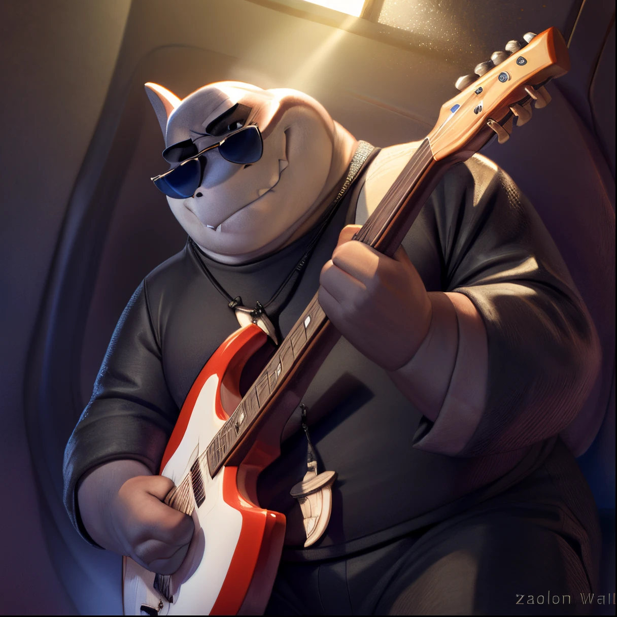 mr shark, masterpiece, volumetric lighting, beautiful textures, plump, fat, belly, black eyes, (pose:1.3), (posing:1.3), (soft shading), 4k, hi res, five fingers, detailed hands, ((detailed face, (detailed eyes:1.0), sunglasses detailed)), (full body), by zackarry911, by zaush, (by personalami:0.5), looking at viewer, black shirt, 1boy, male focus, sport pants, black shirt,black sweater hooded, hood down showing face, dog tags, black sport pants, giant head, huge head, big head. Rocker actitude, playing rock guitar. Cinematic scene