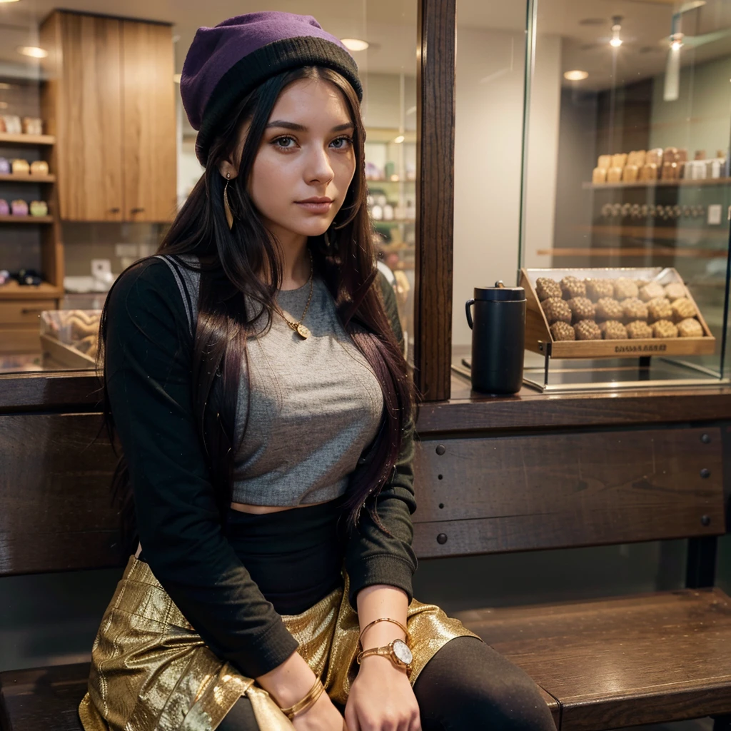 (one girl), Hanna, a 21 year old girl, 1.70 meters tall, weighs 49 kg, has very long and straight dark purple hair, has big green eyes, wears gold earrings and bracelets, always has a smartwatch on wrist, sitting on a bench in the evening in front of a sweet shop, wearing a coat with a hat on his head and black leggings, (hands hidden), ultra realistic style, (seed 3978045937)