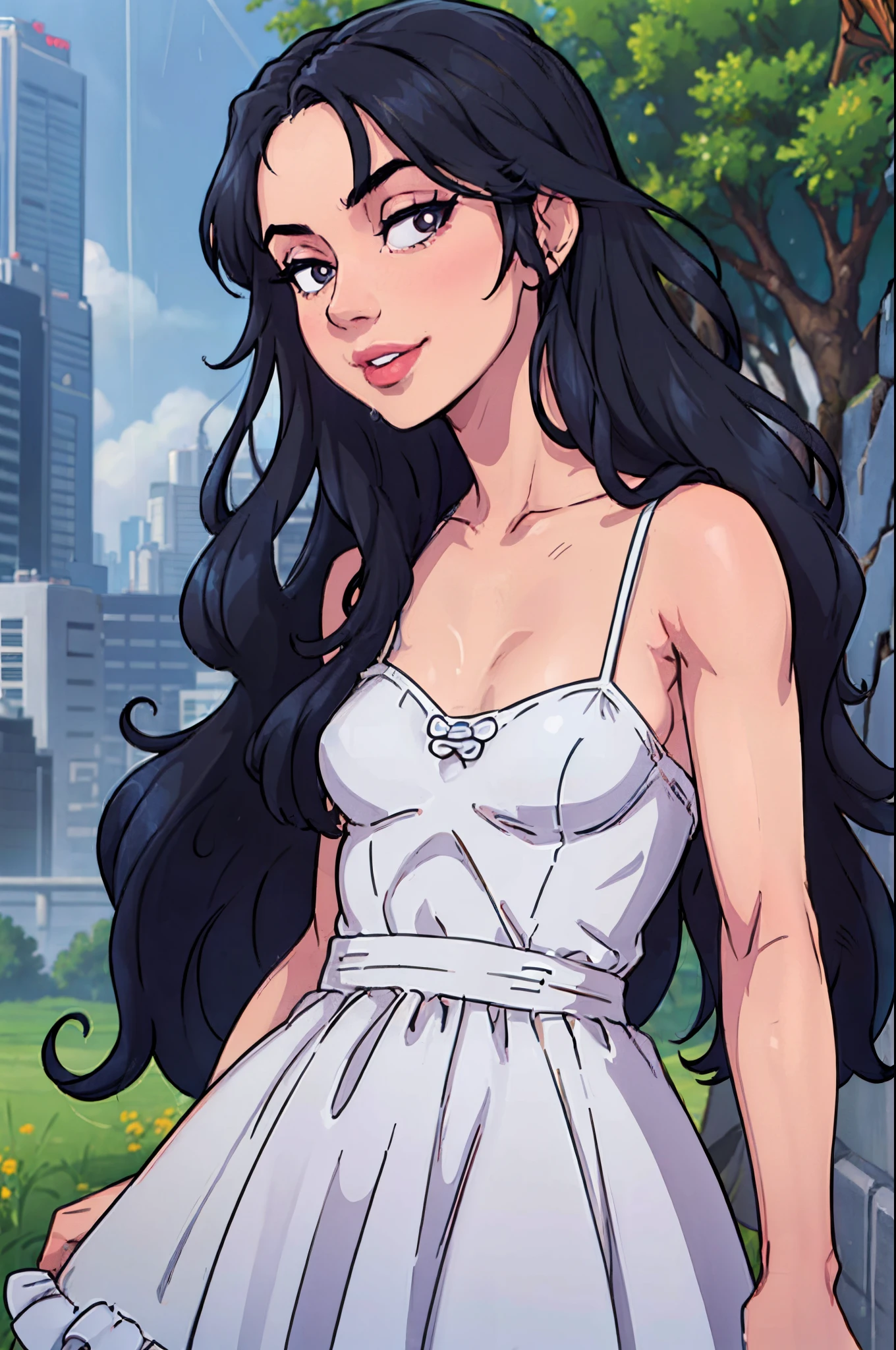 (masterpiece, official art), 1girls, solo, black hair, black eyes, long messy hair, (light blue sundress), (closeup), portrait, (small breasts, slender, flat chest), (outdoors, at day, rain, at city), looking at viewer, (upper body), smile, seductive, alluring attire