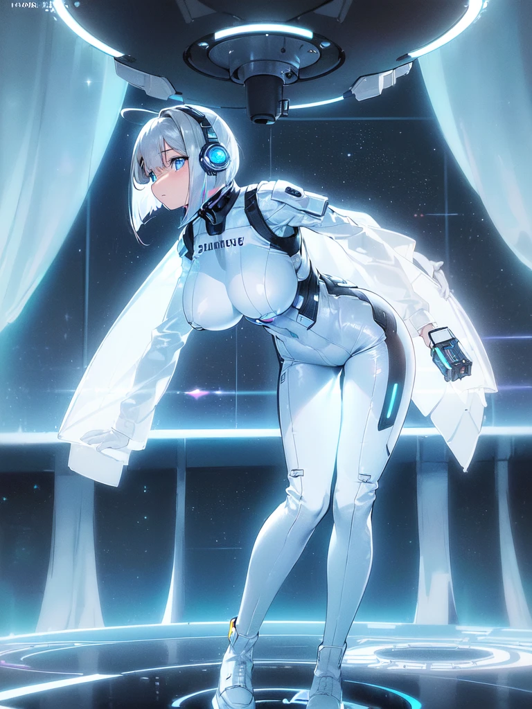 ​masterpiece:1.4, 1girl in ((20yr old, Wearing a futuristic white and silver costume, Tight Fit Bodysuit, long boots, Very gigantic-breasts, Multicolored blonde hair, a short bob, Perfect model body, Blue eyes:1.2, Wearing headphones, Looking out the window of the futuristic sci-fi space station、While admiring the beautiful galaxy:1.2, SFSF control room on night background:1.1, Neon and energetic atmosphere:1.2)) ((Galaxy))