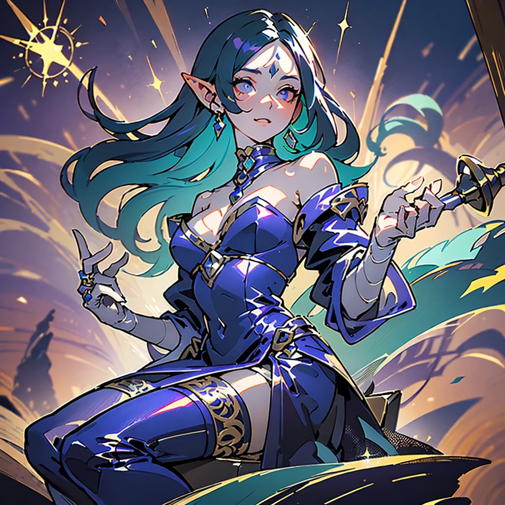 (Masterpiece, Best Quality, Ultra-detailed, Hight resolution, sharp focus :1.5) (medium body Shot, perfect anatomy, niji, gacha splash art :1.4) (solo, good composition, portrait, detailed textures, high-quality render) (dynamic pose, action shot, :1.2), Perfect Lighting, Ray tracing, diffuse dark night lighting, directional warm lighting from below, purple shadows, glowing aesthetic ((dungeons and dragons, fantasy, castlevania, night, atmospheric, mysterious, occult, By alphonse mucha)) (1girl, beautiful woman, Adult), covered chest, refined hips (realistic proportions, short pointed ears, :1.3) (dark navy blue hair color, parted bangs Tucked Behind pointed Ears, middle parted hair :1.4), Face-framing layers (shoulder-length haircut, straight short thick hair :1.3) (open forehead, bare forehead :1.5), pale porcelain skin color, smile, relax, mischievous, kind (arrogant :0.9) Elegant, sitting on the roof-top, hidden hips, legs closed, (1staff, holding long straight silver staff in hand, the pommel of the staff is a sun-shaped ring with a floating golden ring inside), windy fluttering puffy clothes, soft matte fabric, (Lolita's Black Dress:1.5)((strapless puffy victorian dress with ruffles, cascades of big ruffles on hem dress, black medium length dress with horizontal cutout)), black choker, bare collarbones, ((pirate jacket slipped off shoulder, long victorian jacket, jacket behind the back, purple various color jacket, stand-up jacket collar )) ((purple knee boots)) detailed alchemist's hip bag, (medieval fantasy city on the background, magic academy), blue night sky, little blue moon, (on the background behind the back a many metal rings rotating around one center) floating books and scrolls, gesture, magic passes (uses magic of holographic kaleidoscope), ghostly holographic crystal magic aura with blue-orange flares, holographic glass fragments sparkle in the background (Adventurer, genius, wise alchemist), silver and brass accents, tarot, WitchcraftPunkAI,