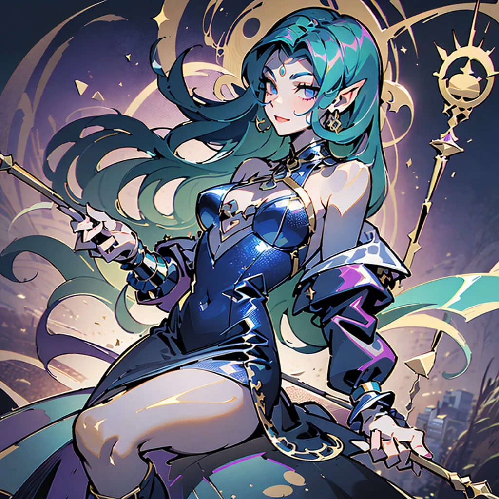 (Masterpiece, Best Quality, Ultra-detailed, Hight resolution, sharp focus :1.5) (medium body Shot, perfect anatomy, niji, gacha splash art :1.4) (solo, good composition, portrait, detailed textures, high-quality render) (dynamic pose, action shot, :1.2), Perfect Lighting, Ray tracing, diffuse dark night lighting, directional warm lighting from below, purple shadows, glowing aesthetic ((dungeons and dragons, fantasy, castlevania, night, atmospheric, mysterious, occult, By alphonse mucha)) (1girl, beautiful woman, Adult), covered chest, refined hips (realistic proportions, short pointed ears, :1.3) (dark navy blue hair color, parted bangs Tucked Behind pointed Ears, middle parted hair :1.4), Face-framing layers (shoulder-length haircut, straight short thick hair :1.3) (open forehead, bare forehead :1.5), pale porcelain skin color, smile, relax, mischievous, kind (arrogant :0.9) Elegant, sitting on the roof-top, hidden hips, legs closed, (1staff, holding long straight silver staff in hand, the pommel of the staff is a sun-shaped ring with a floating golden ring inside), windy fluttering puffy clothes, soft matte fabric, (Lolita's Black Dress:1.5)((strapless puffy victorian dress with ruffles, cascades of big ruffles on hem dress, black medium length dress with horizontal cutout)), black choker, bare collarbones, ((pirate jacket slipped off shoulder, long victorian jacket, jacket behind the back, purple various color jacket, stand-up jacket collar )) ((purple knee boots)) detailed alchemist's hip bag, (medieval fantasy city on the background, magic academy), blue night sky, little blue moon, (on the background behind the back a many metal rings rotating around one center) floating books and scrolls, gesture, magic passes (uses magic of holographic kaleidoscope), ghostly holographic crystal magic aura with blue-orange flares, holographic glass fragments sparkle in the background (Adventurer, genius, wise alchemist), silver and brass accents, tarot, WitchcraftPunkAI,