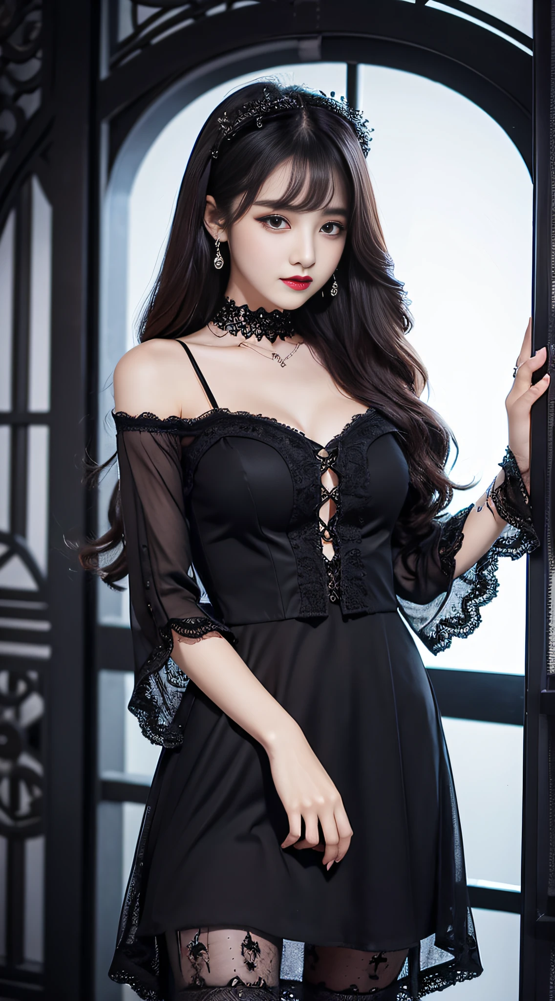 Ultra-detailed、Fascinating beauty、Dainty woman、Cool Girl、Wavy Hair、Black chiffon dress、Wide sleeves、flered skirt、Evil Female Executive、Evil Fall、brainwash、lacy fabric、Glossy legs、black lipstick、Evil look、Suspicious look、Hollow eyes、wicked、Reaching out、Put your right hand forward