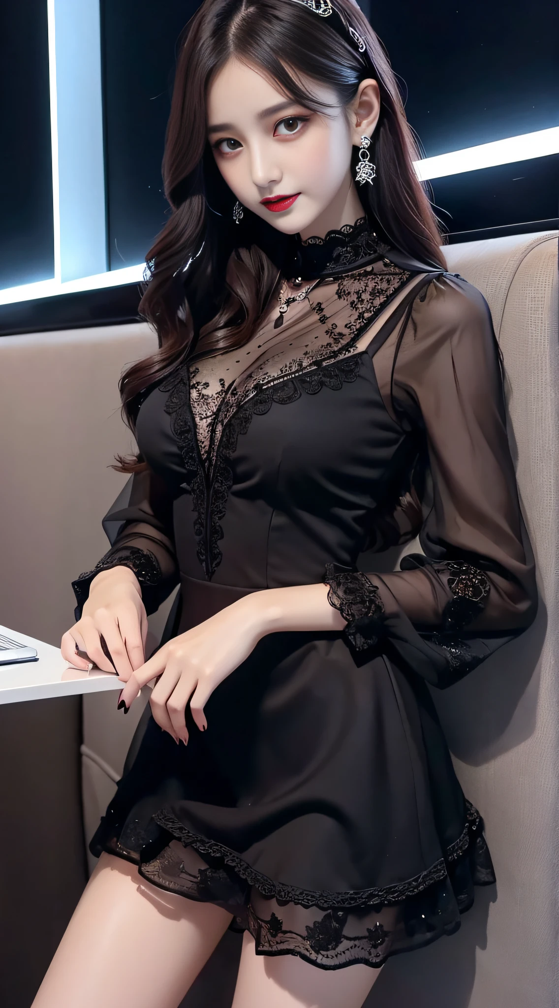 Ultra-detailed、Fascinating beauty、Dainty woman、Cool Girl、Wavy Hair、Black chiffon dress、Wide sleeves、flered skirt、Evil Female Executive、Evil Fall、brainwash、lacy fabric、Glossy legs、black lipstick、Evil look、Suspicious look、Hollow eyes、wicked、Reaching out、Put your right hand forward