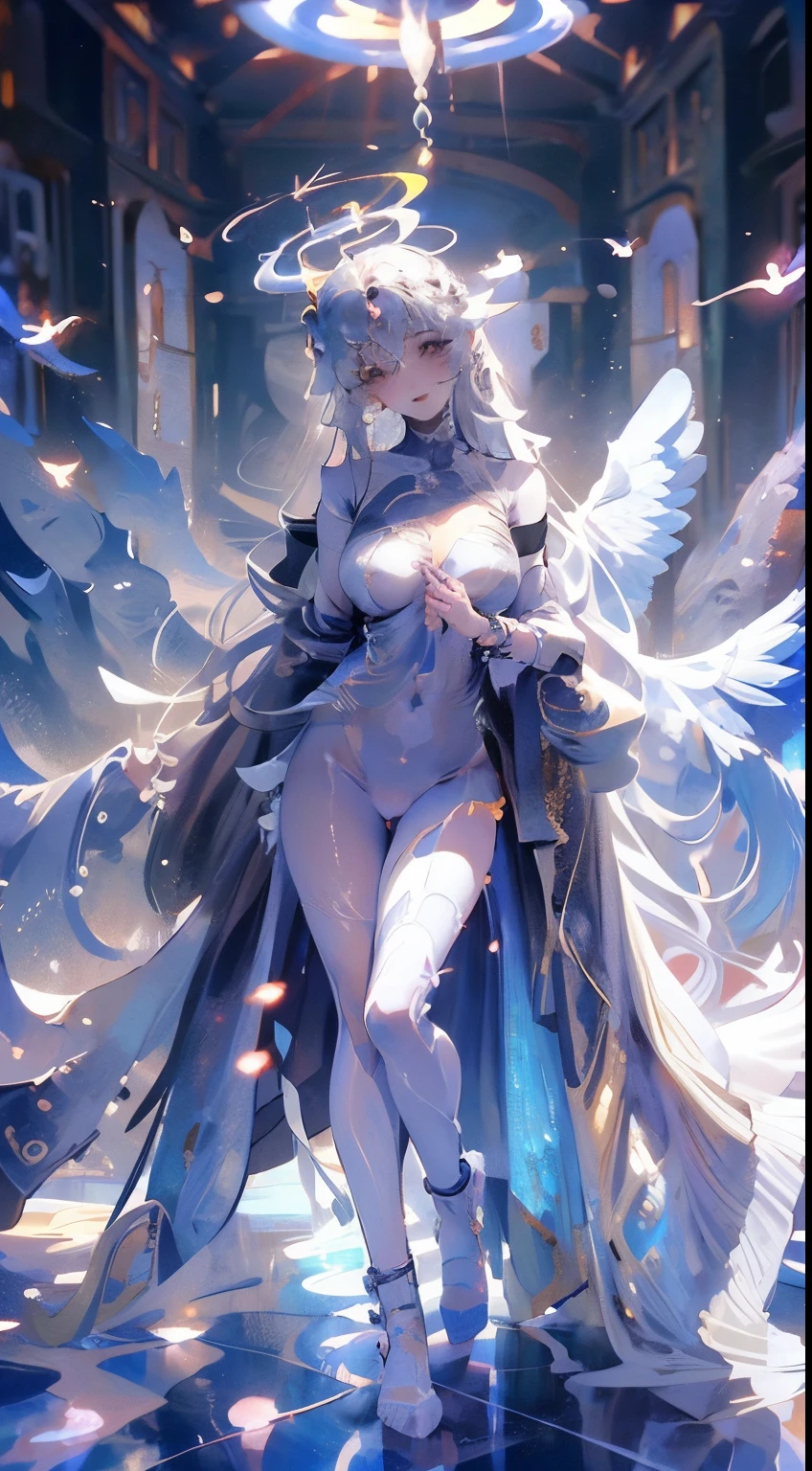 Anime Style, masterpiece: full naked young woman frontal nude, 20 years, perfect naked breasts, perfect nude hairy pussy nude, wings of angel, place is water in floor, inside white marfim themple, she smile, halo above her head, silver eyes, silver long hair, she is totallity naked