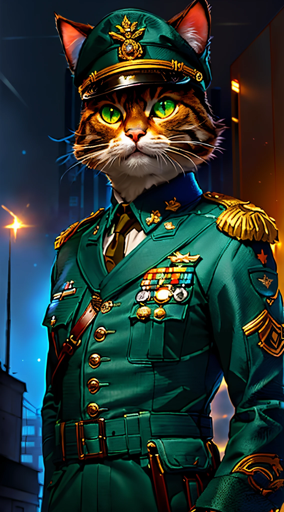 there is a cat in a military uniform standing in a city, wojtek fus, inspired by Aleksandr Gerasimov, viktor antonov concept art, sergey zabelin, alexey egorov, artstation masterpiece, by Nikola Avramov, full art, collectible card art, by Mikhail Evstafiev, by Alexander Kucharsky