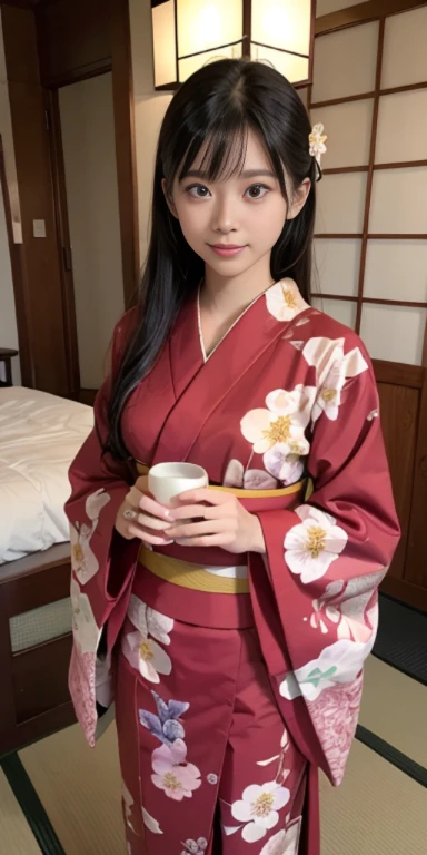 (masutepiece, Best Quality:1.4), Beautiful face, 8K, 85 mm, absurderes, ((FULL BODYSHOT:1.3))、((Dark bedroom in the hotel))、(Floral pattern long-sleeved kimono:1.4), cowboy shot、violaceaess, gardeniass, Delicate girl, Solo, Long bob hair、Night, Looking at Viewer, Upper body, Film grain, chromatic abberation, Sharp Focus, face lights, Professional Lighting, Sophisticated, (Smile:0.4), (Simple background, Bokeh background:1.2), Detail Face