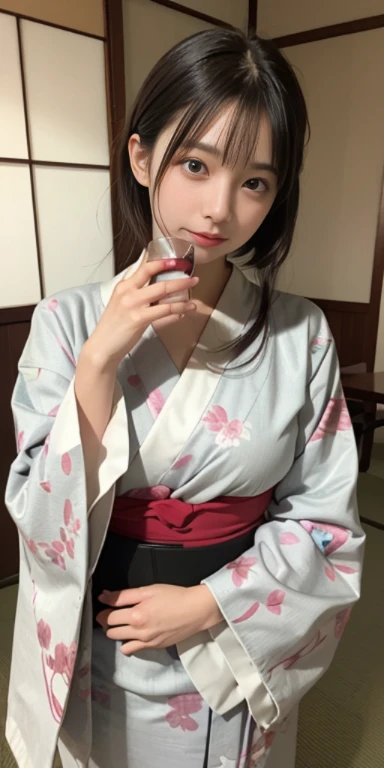 (masutepiece, Best Quality:1.4), Beautiful face, 8K, 85 mm, absurderes, ((FULL BODYSHOT:1.3))、((traditional Japanese room(With futon)))、(Floral pattern long-sleeved kimono:1.4), cowboy shot、((Drinking wine:1.4))、violaceaess, gardeniass, Delicate girl, Solo, Variety of hairstyles、Night, Looking at Viewer, Upper body, Film grain, chromatic abberation, Sharp Focus, face lights, Professional Lighting, Sophisticated, (Smile:0.4), (Simple background, Bokeh background:1.2), Detail Face
