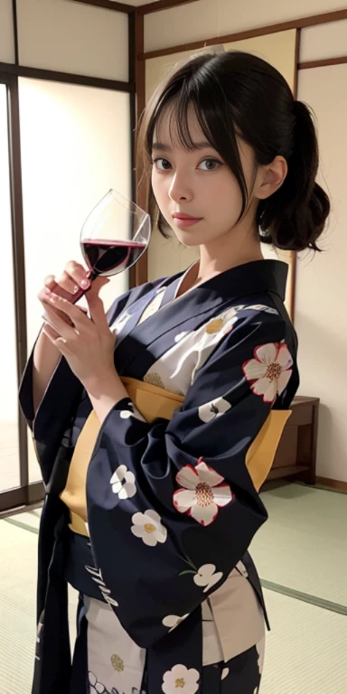 (masutepiece, Best Quality:1.4), Beautiful face, 8K, 85 mm, absurderes, ((FULL BODYSHOT:1.3))、((traditional Japanese room(With futon)))、(Floral pattern long-sleeved kimono:1.4), cowboy shot、((Drinking wine:1.4))、violaceaess, gardeniass, Delicate girl, Solo, Variety of hairstyles、Night, Looking at Viewer, Upper body, Film grain, chromatic abberation, Sharp Focus, face lights, Professional Lighting, Sophisticated, (Smile:0.4), (Simple background, Bokeh background:1.2), Detail Face