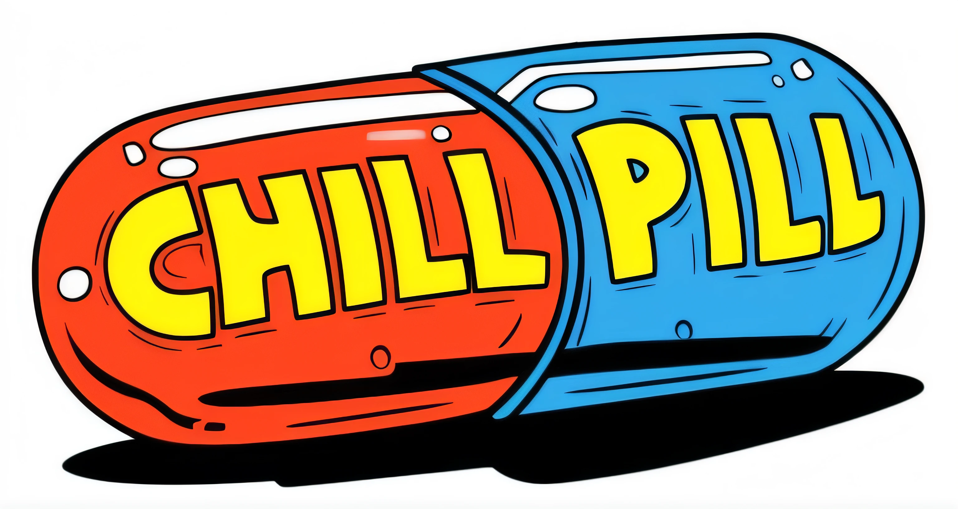 a cartoon pill with the word relaxation pill, inspirado em Ammi Phillips, Directed by: Tom Phillips, Circle pit, Monte Zach, Spike Well, inspirado em Tom Phillips, mmmmm, The Wells of Hell, in a chill position, pill head, ❤🔥🍄🌪, Directed by: Ammi Phillips, texto azul que diz 3kliksphilp realista