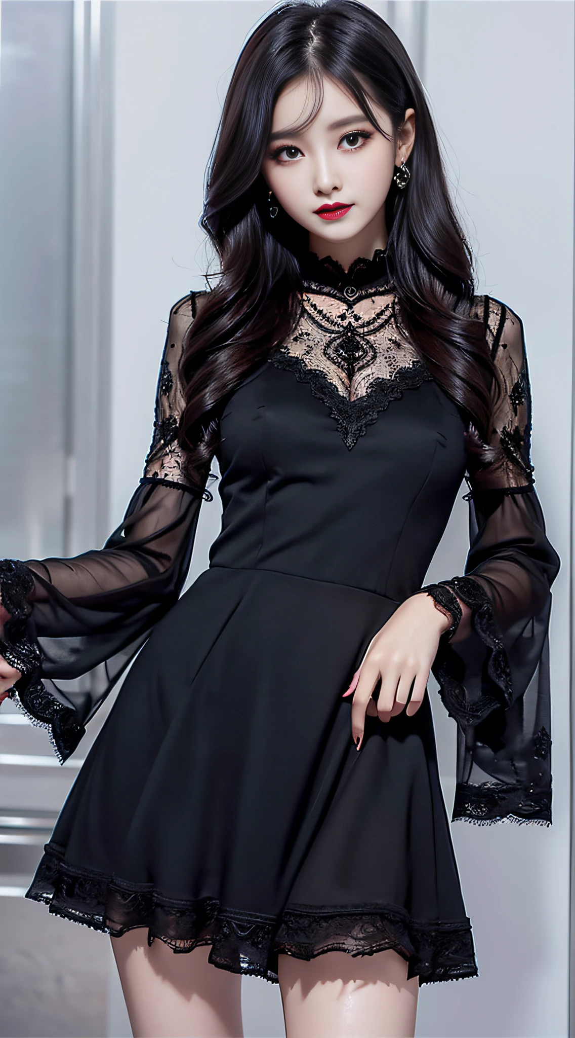 Ultra-detailed、Fascinating beauty、Dainty woman、Cool Girl、Wavy Hair、Black chiffon dress、Wide sleeves、flered skirt、Evil Female Executive、Evil Fall、brainwash、lacy fabric、Glossy legs、black lipstick、Evil look、Suspicious look、Hollow eyes、wicked、Reaching out、Put your right hand forward