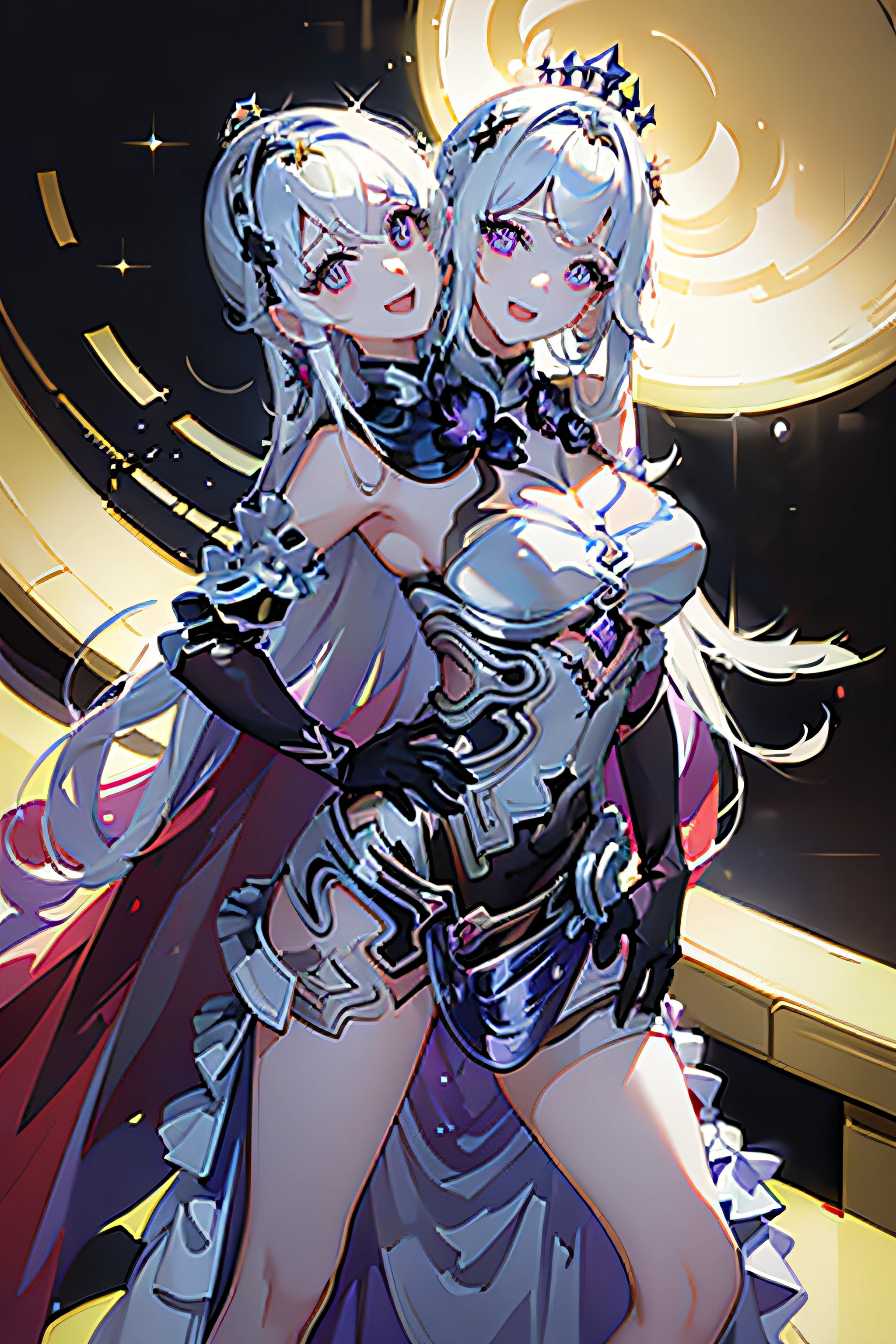 (masterpiece, best quality), best resolution, (2heads:1.5), 1girl, armor, bangs, breasts, cape, cape lift, earrings, gloves, hand on hip, headband, jewelry, long hair, looking at viewer, open mouth, white hair, purple eyes, shoulder armor, smile