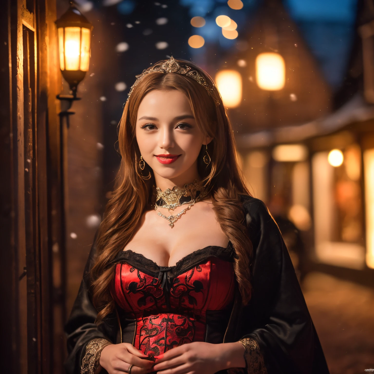 ((top-quality、masutepiece、8K、Top image quality、Highly complex and detailed depictions))、(beautiful pictures of the netherlands:1.3)、Luxury red-light district of medieval Holland、the most luxurious prostitute costumes、(It's snowing:1.2)、Pregnancy、((The most beautiful medieval Dutch courtesan costumes、The most luxurious medieval Dutch courtesan costumes、The most extravagant and lewd red-light district、An unimaginably huge entertainment district、A very luxurious and obscene red-light district in medieval Holland、Huge red light district at midnight in medieval Holland、Very complex decoration)、(View me、Bewitching smile、long eyelashes、Perfect makeup、lipsticks、A slight smil)、(perfect anatomia:1.4)、(Depth of field is deep:1.5)、(Detailed and intricate red light district background:1.3)、(Vivid background of a obscene medieval Dutch red-light district:1.3)、spectacular movie lighting、(romantic mood night:1.1)、(Perfectly recreates the atmosphere of a medieval Dutch red-light district:1.3)、(obscene entertainment district:1.1)、(Obscene mood 1.1)