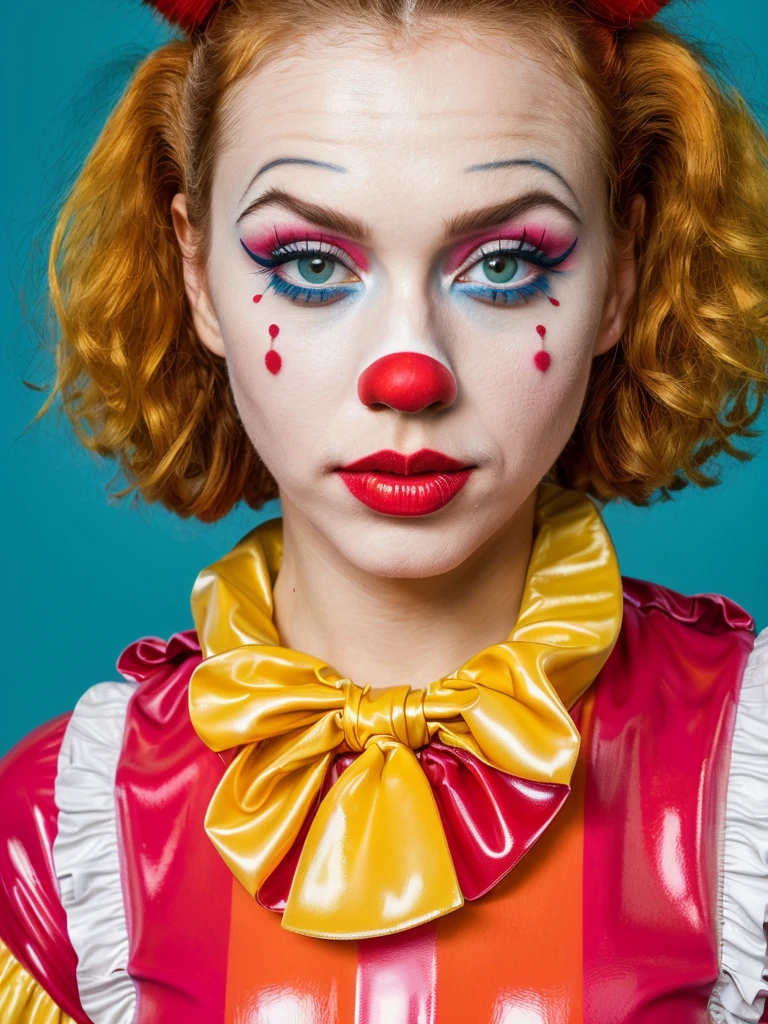 (full body shot, ultra-detailed, best quality, photorealistic:1.37, 4k, realistic, portrait, photography, Vincent and Jules from Pulp Fiction, iconic shooting pose, fetish, latex, dressed like sad clowns, clown red sponge ball nose, clown makeup, clown papillon, detailed facial features, vibrant colours, 35mm)