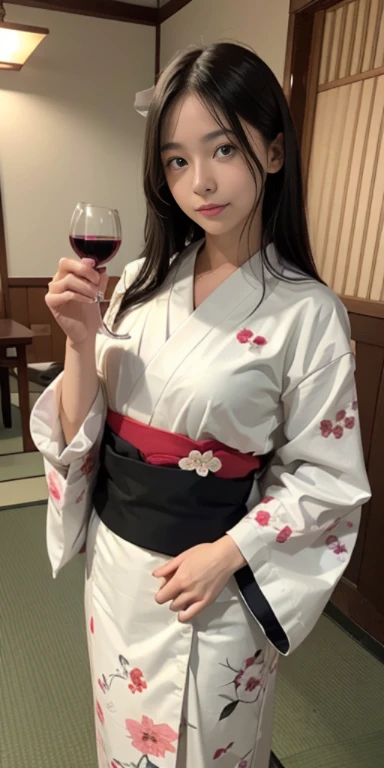(masutepiece, Best Quality:1.4), Beautiful face, 8K, 85 mm, absurderes, ((FULL BODYSHOT:1.3))、((traditional Japanese room（With futon）))、(Floral pattern long-sleeved kimono:1.4), cowboy  shot、((drinking wine:1.4))、violaceaess, gardeniass, Delicate girl, Solo, Variety of hairstyles、Night, Looking at Viewer, Upper body, Film grain, chromatic abberation, Sharp Focus, face lights, Professional Lighting, Sophisticated, (Smile:0.4), (Simple background, Bokeh background:1.2), Detail Face